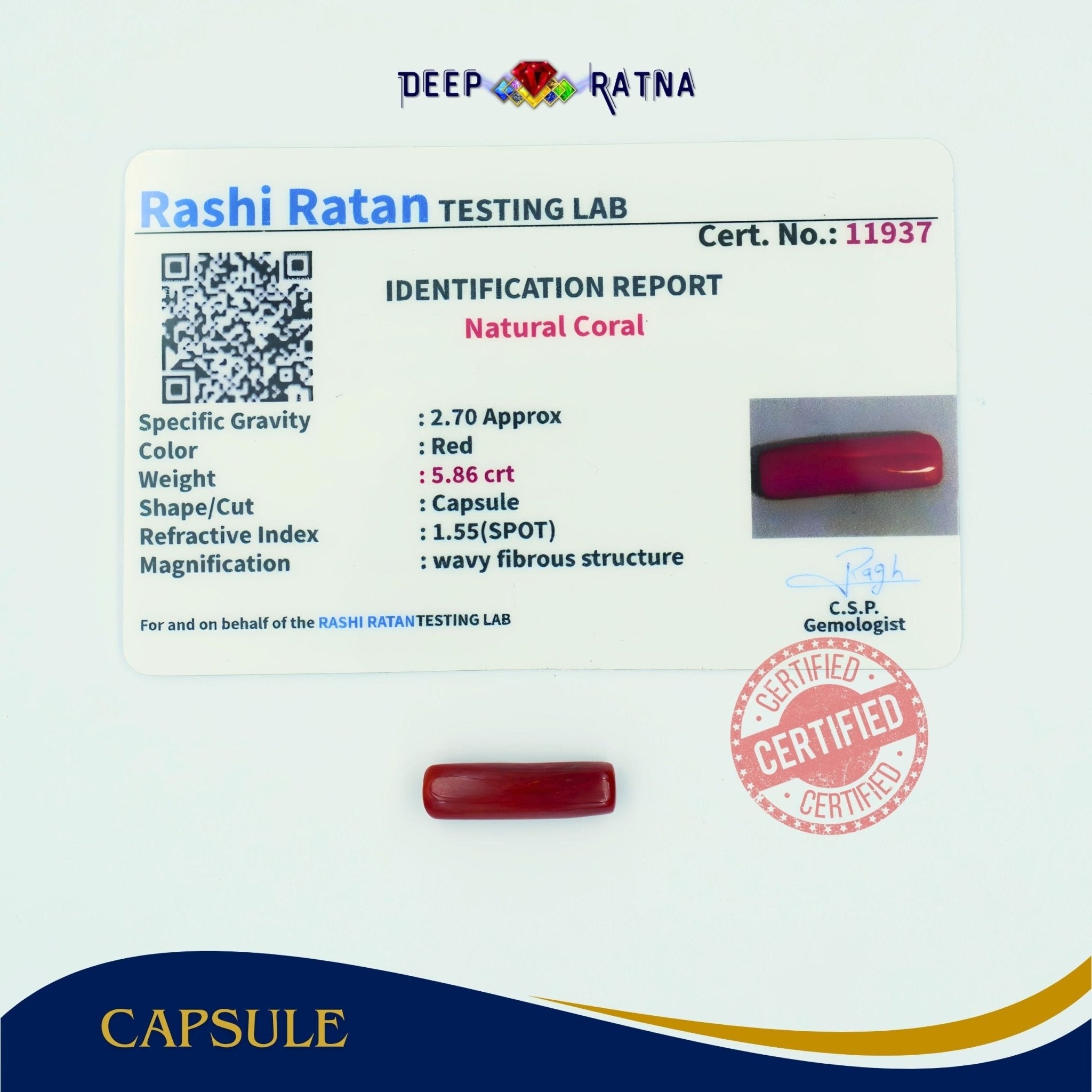 Red Coral 5.86 Carat (Italian) - Deep Ratna