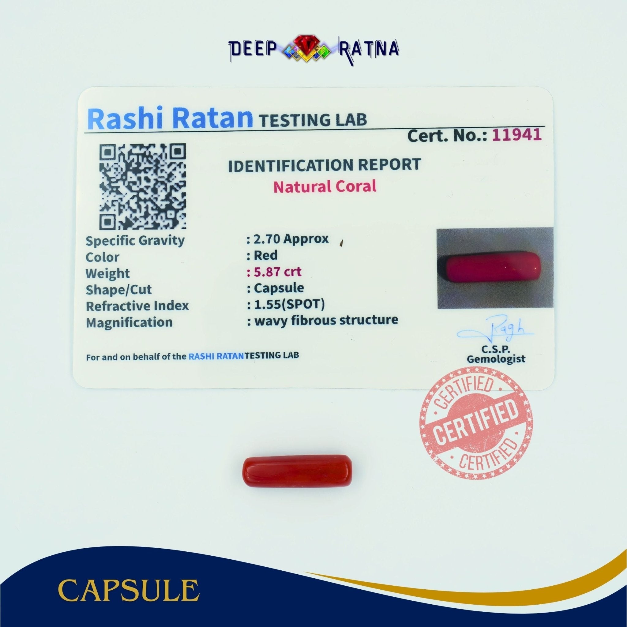 Red Coral 5.87 Carat (Italian) - Deep Ratna