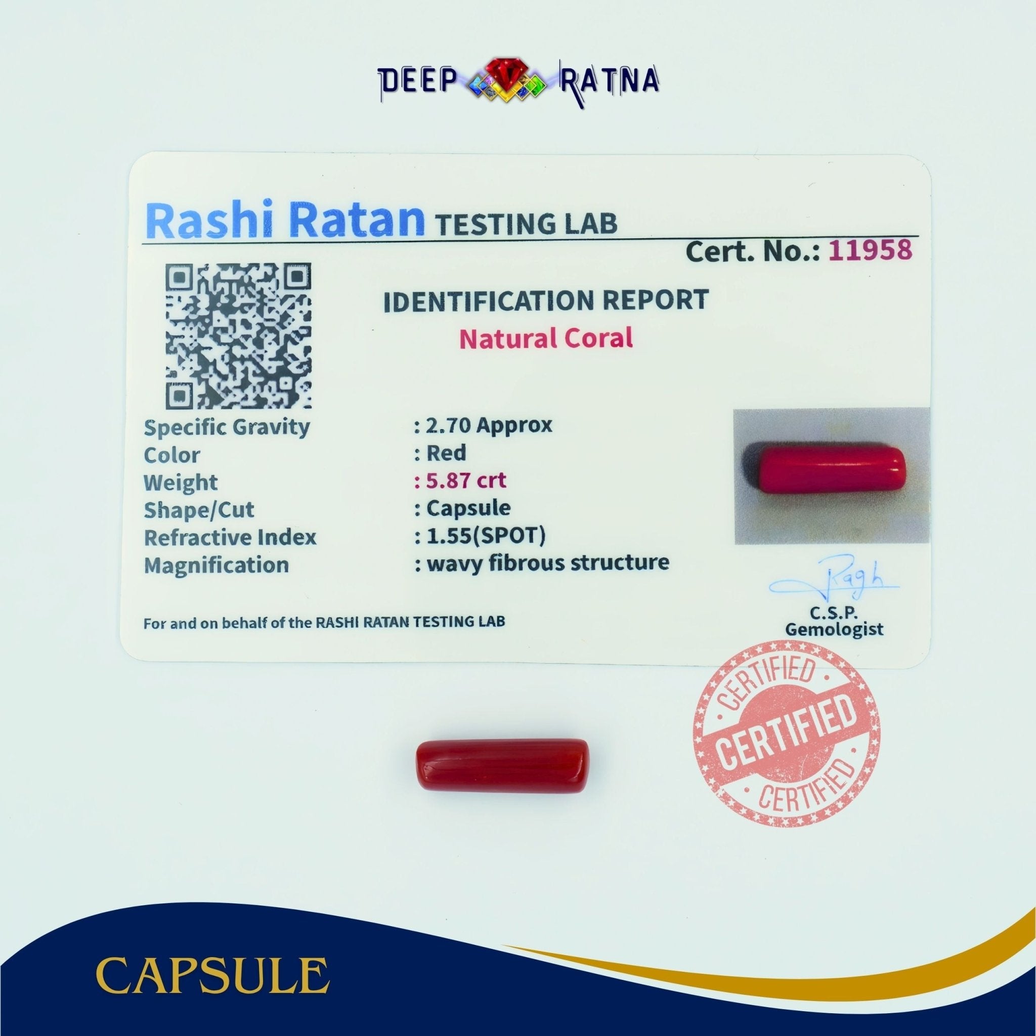 Red Coral 5.87 Carat (Italian) - Deep Ratna