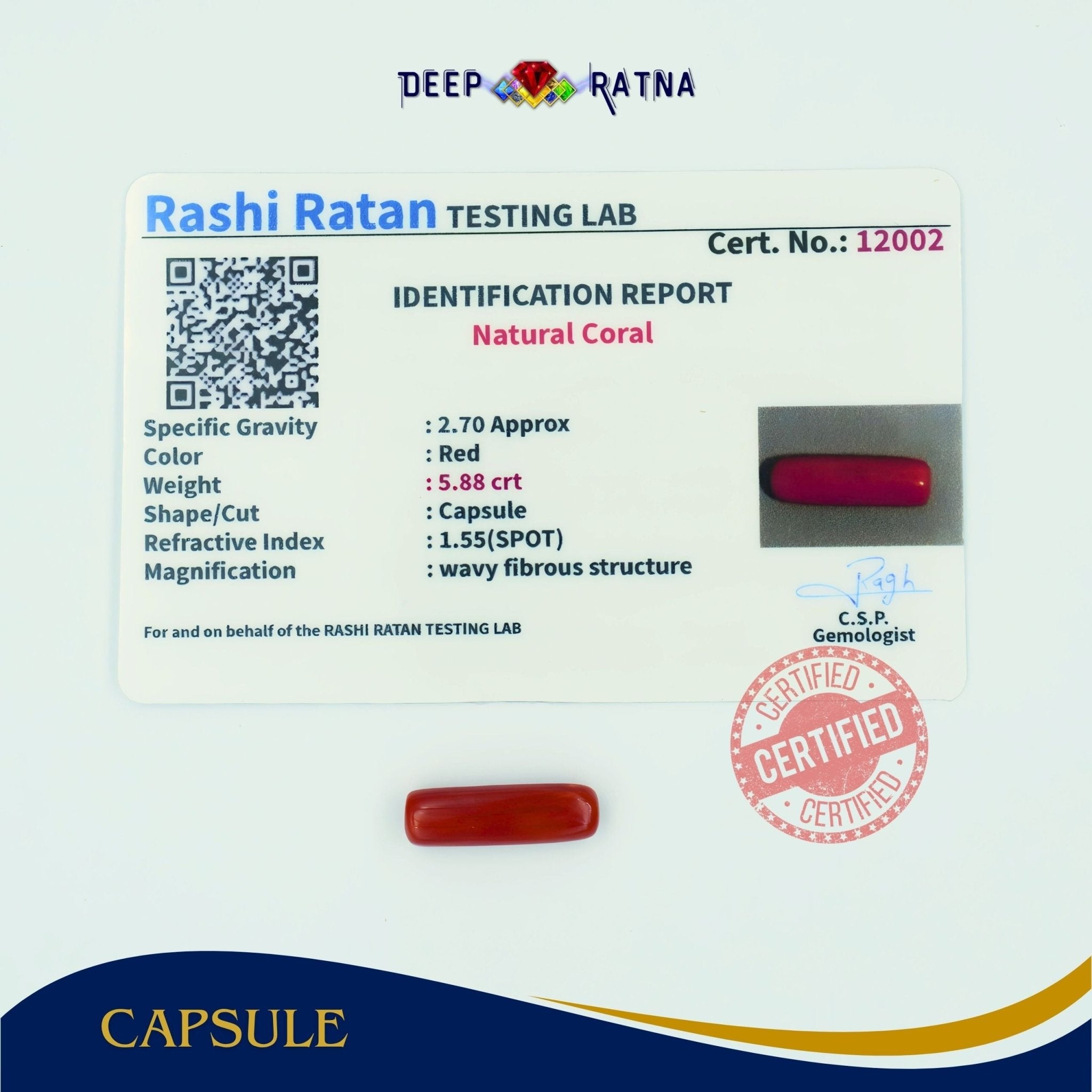 Red Coral 5.88 Carat (Italian) - Deep Ratna