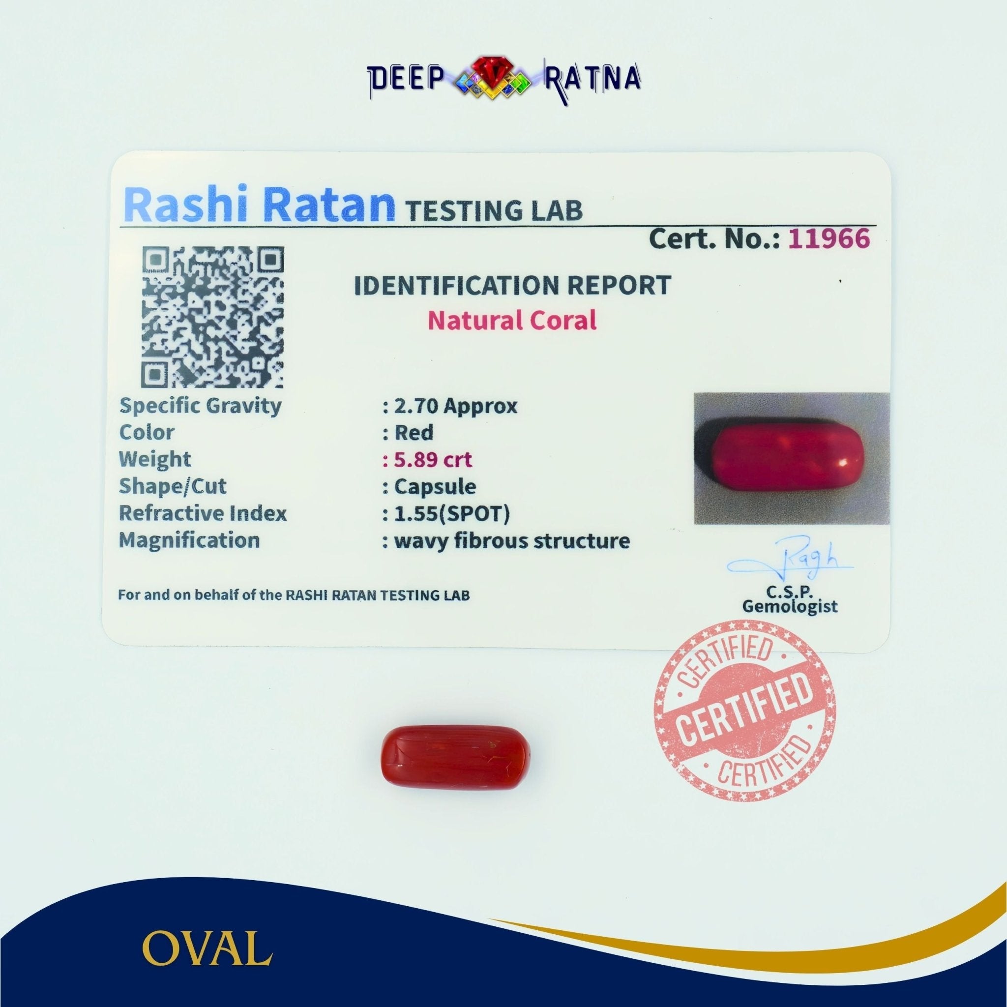 Red Coral 5.89 Carat (Italian) - Deep Ratna