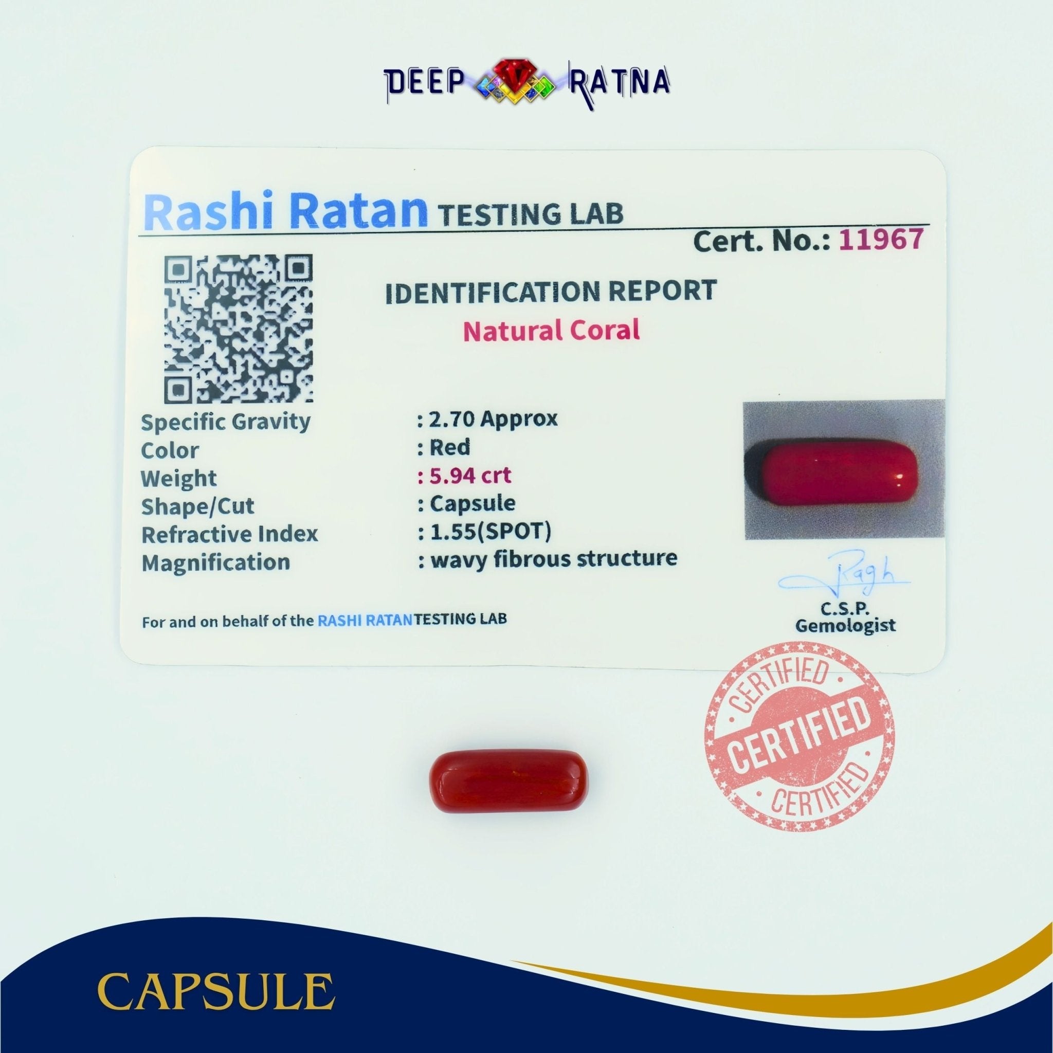 Red Coral 5.94 Carat (Italian) - Deep Ratna