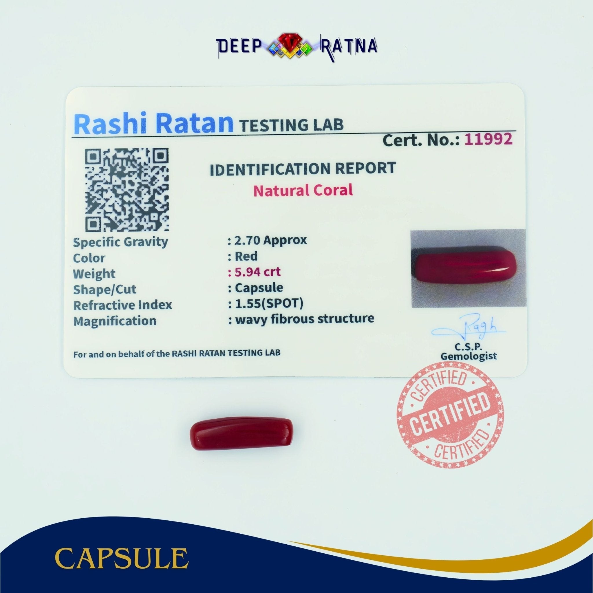 Red Coral 5.94 Carat (Italian) - Deep Ratna