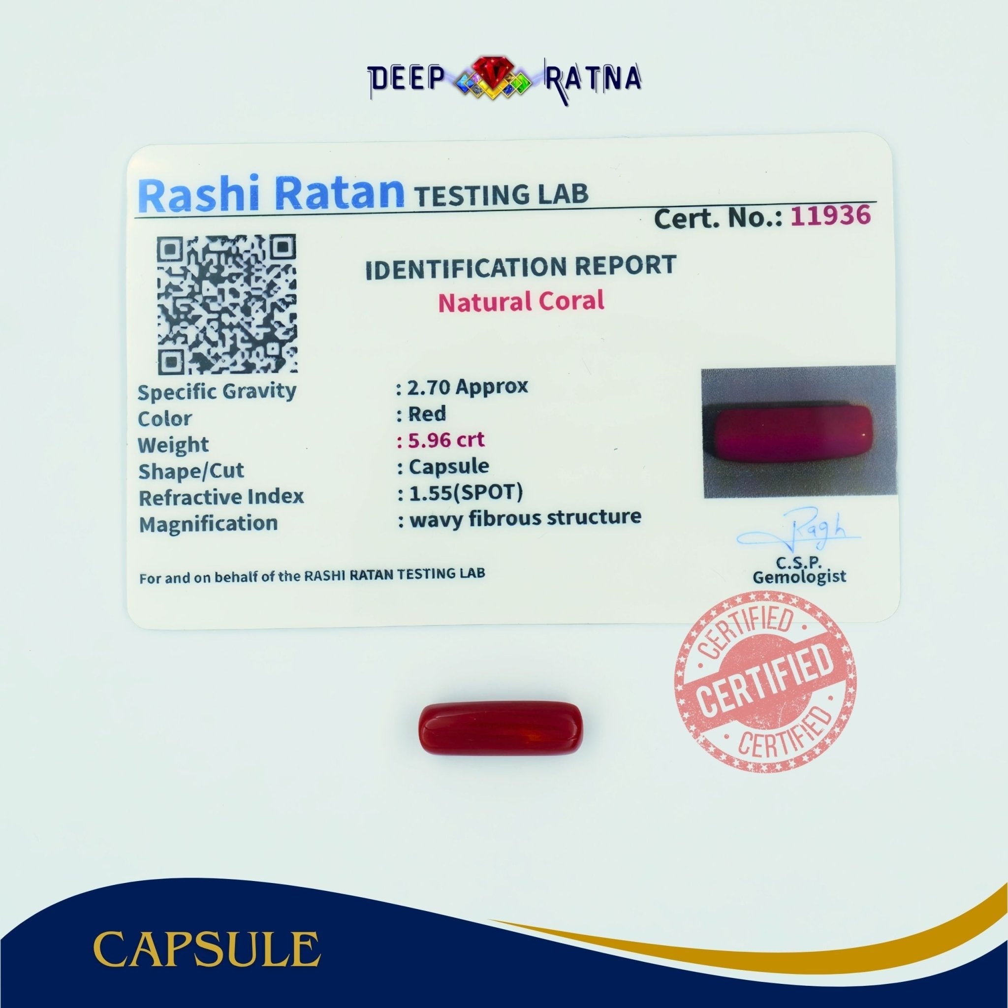 Red Coral 5.96 Carat (Italian) - Deep Ratna