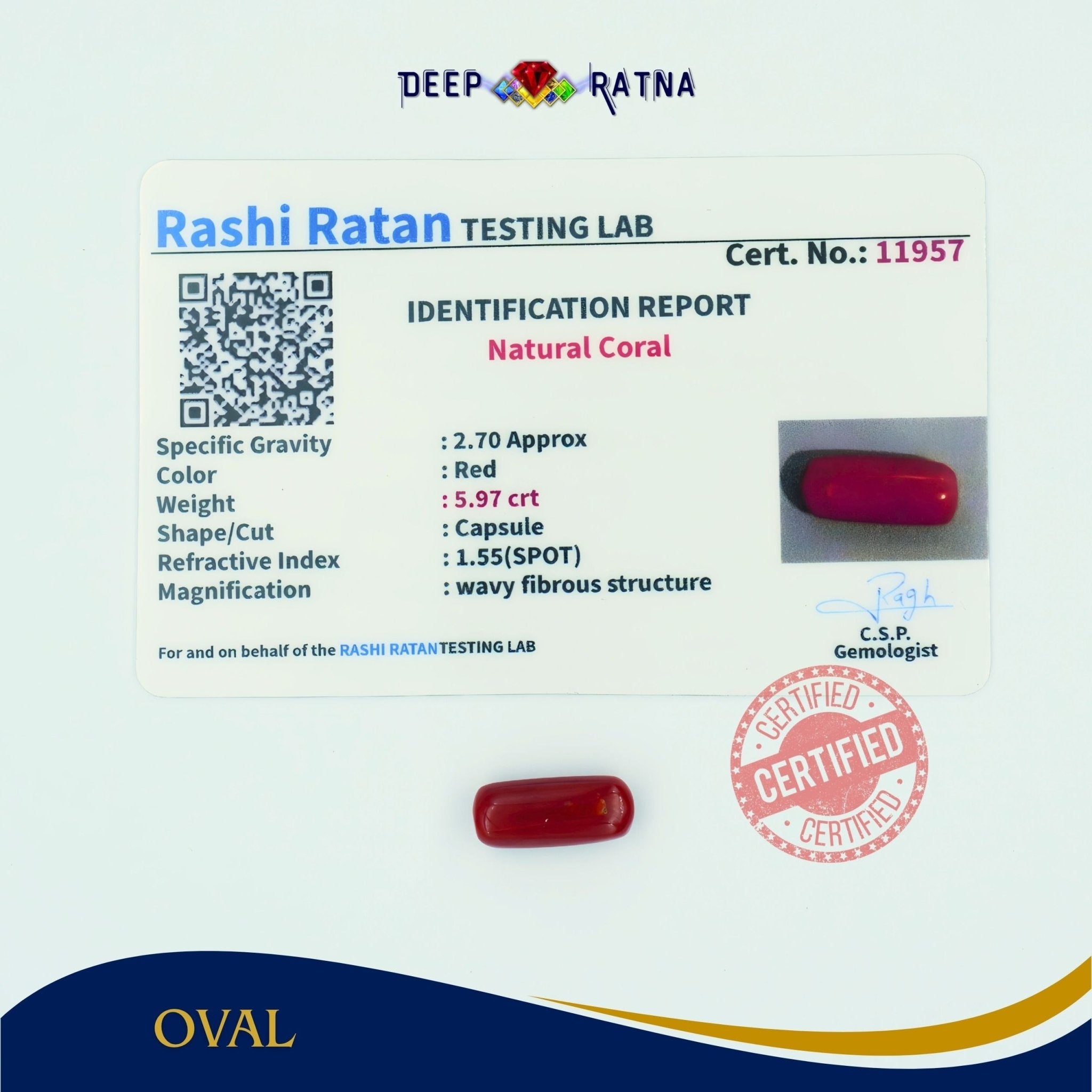 Red Coral 5.97 Carat (Italian) - Deep Ratna