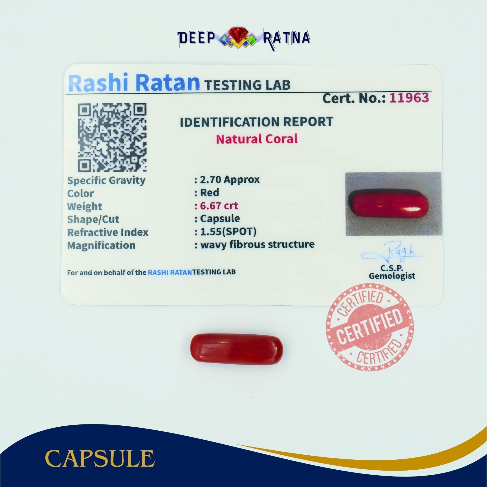 Red Coral 6.67 Carat (Italian) - Deep Ratna