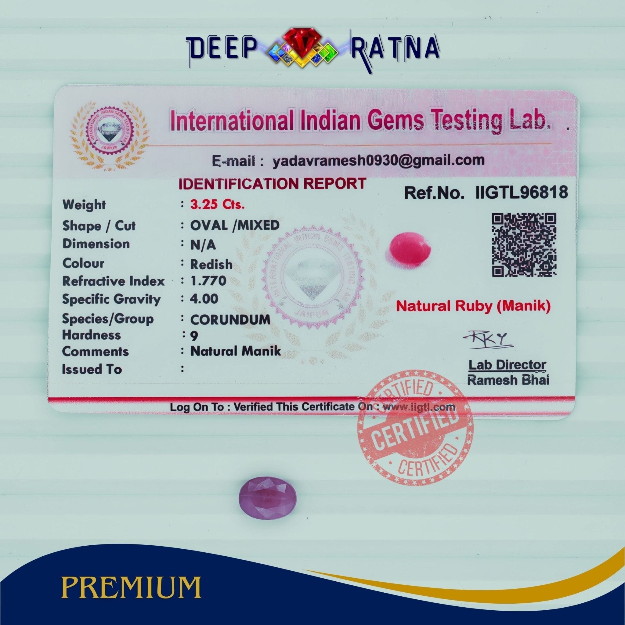 Ruby 3.25 Carat (Burma) - Deep Ratna