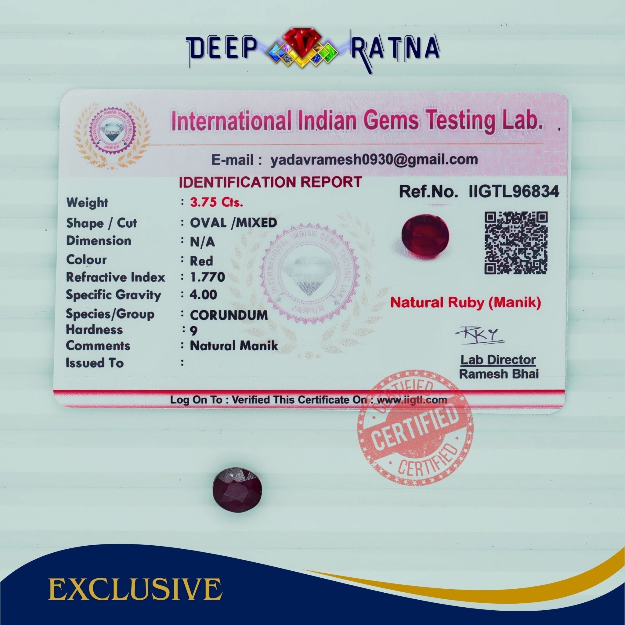 Ruby 3.75 Carat (Africa) - Deep Ratna
