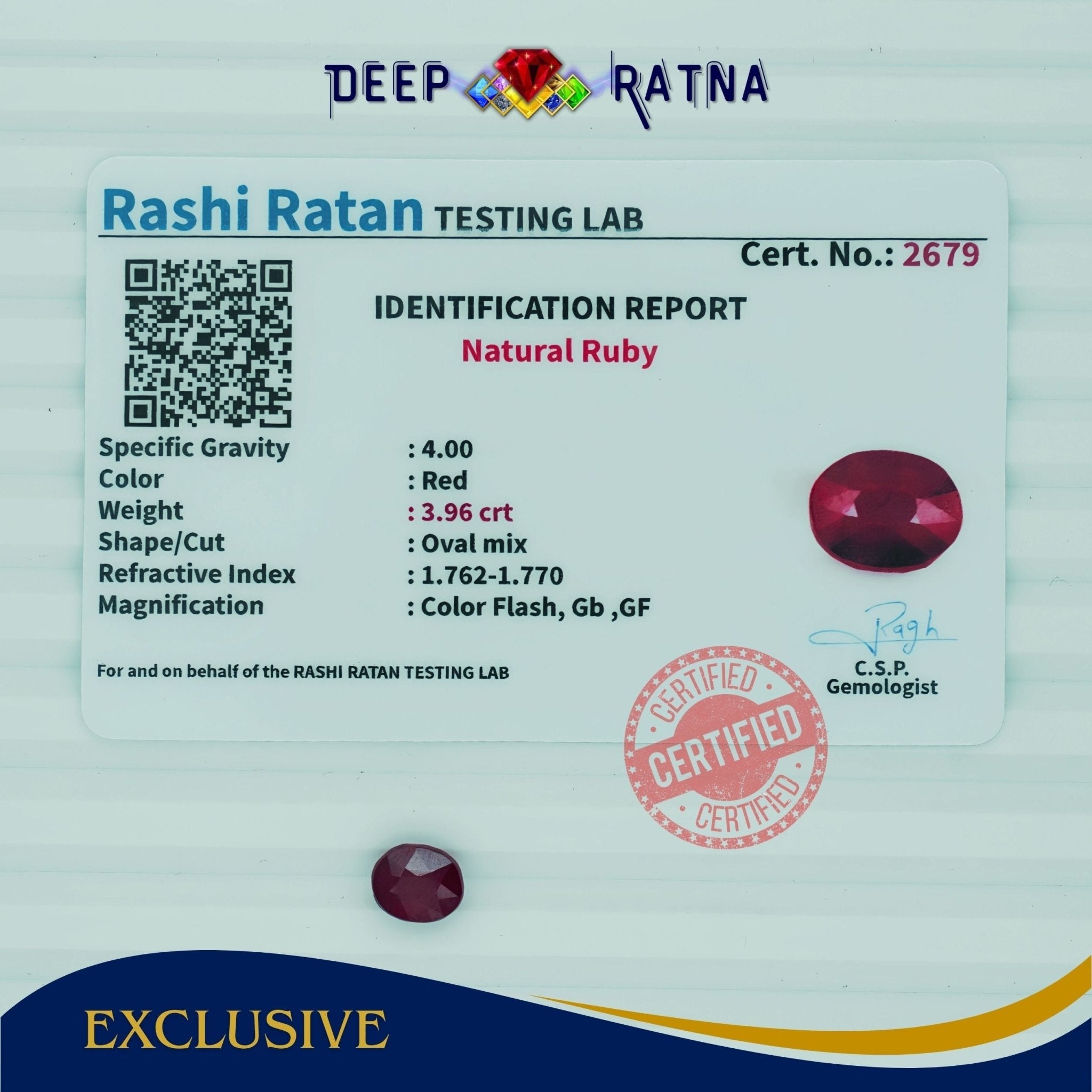 Ruby 3.96 Carat (Africa) - Deep Ratna