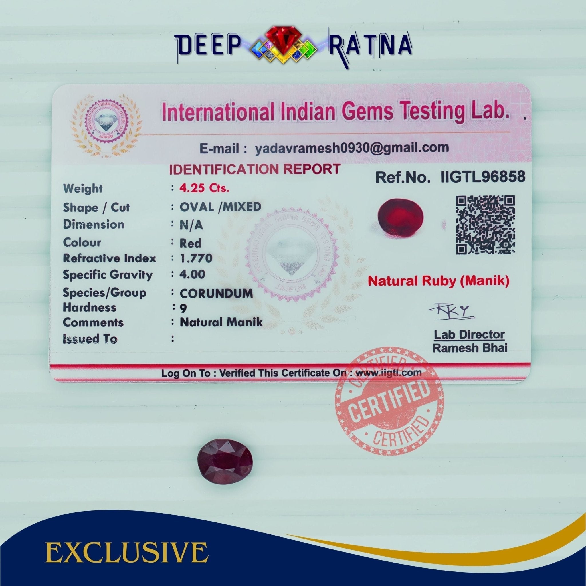 Ruby 4.25 Carat (Africa) - Deep Ratna