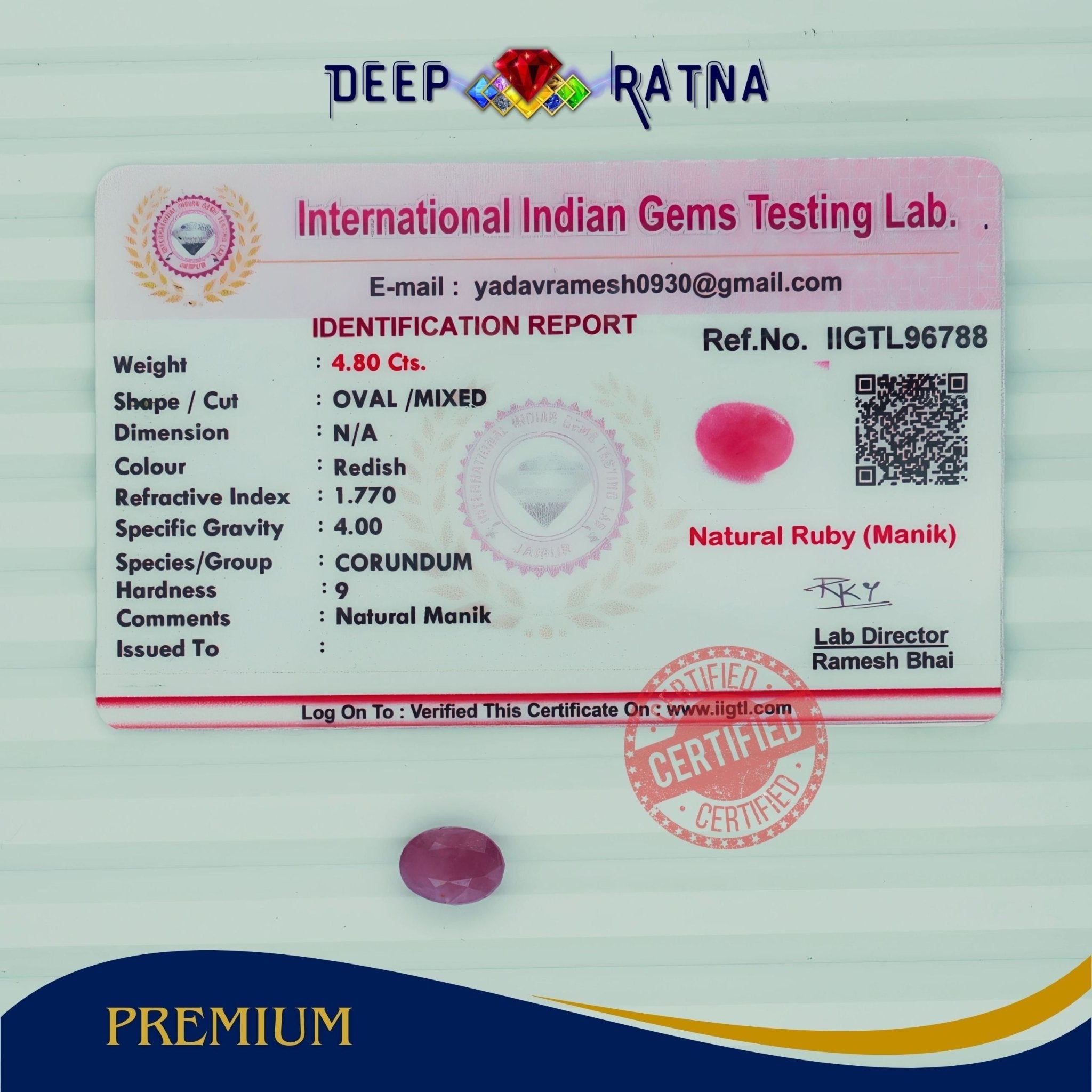 Ruby 4.80 Carat (Burma) - Deep Ratna
