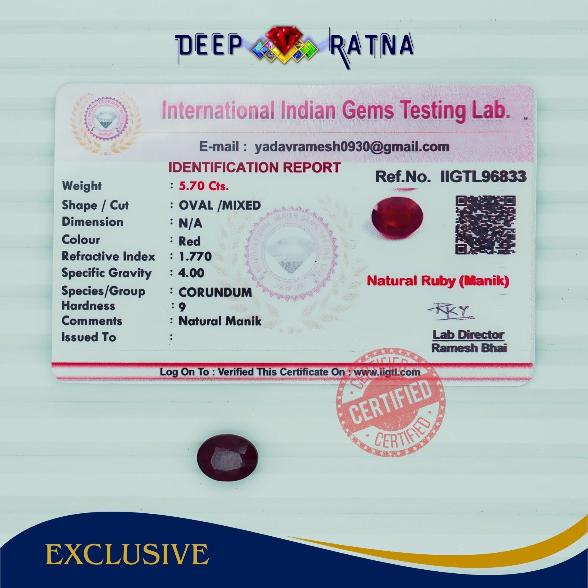 Ruby 5.70 Carat (Africa) - Deep Ratna