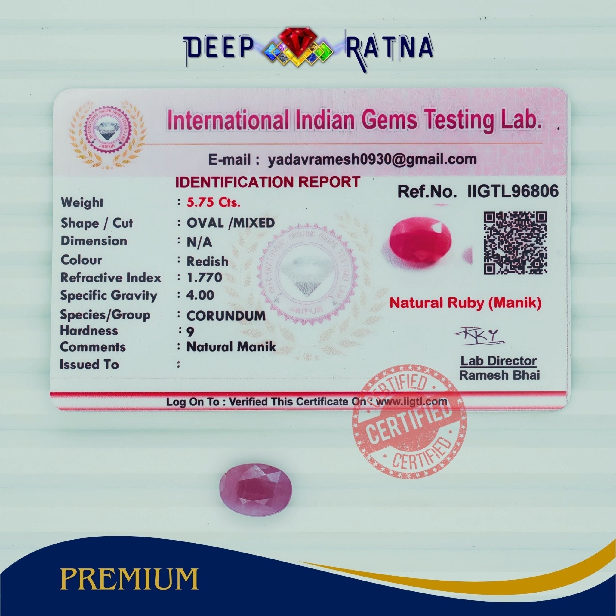 Ruby 5.75 Carat (Burma) - Deep Ratna