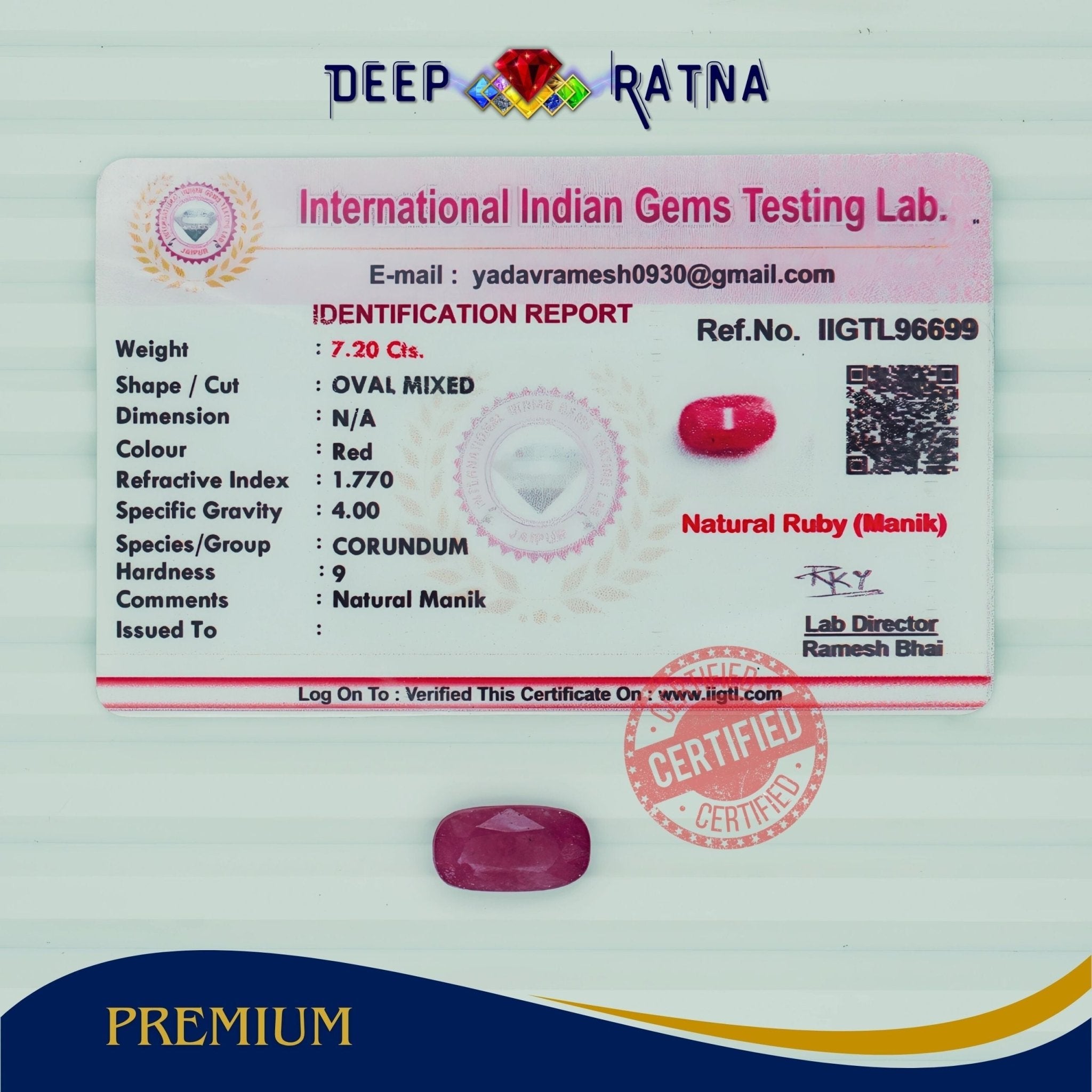 Ruby 7.20 Carat (Burma) - Deep Ratna