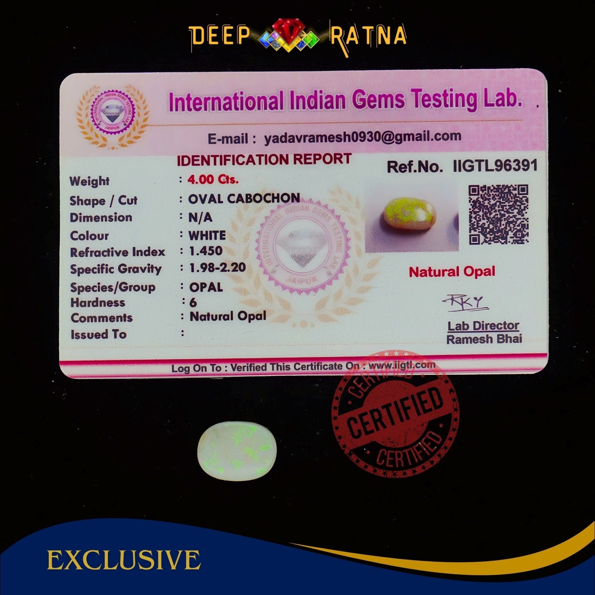 Single Fire Opal 4 Carat (Doublet) - Deep Ratna