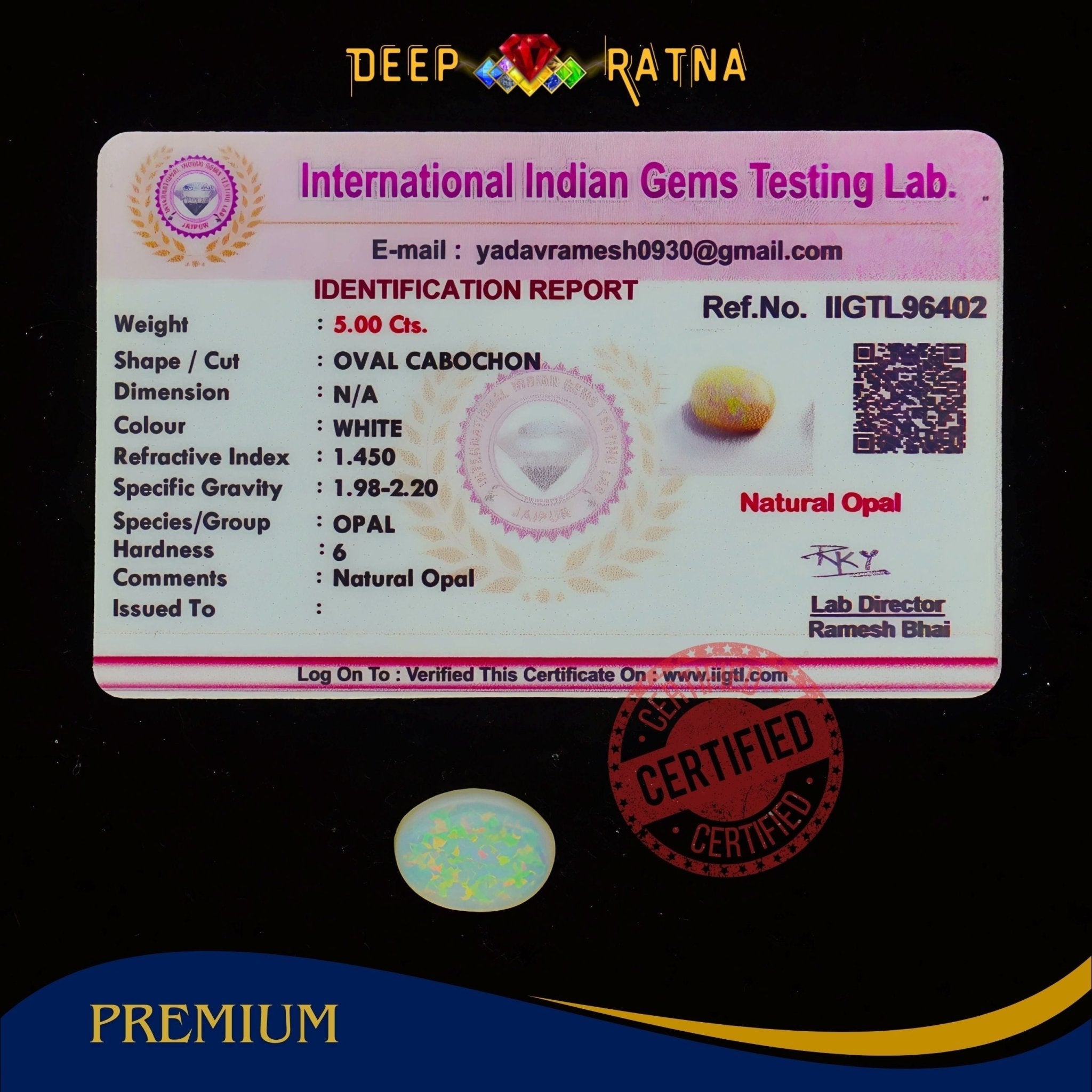 Single Fire Opal 5 Carat (Doublet) - Deep Ratna