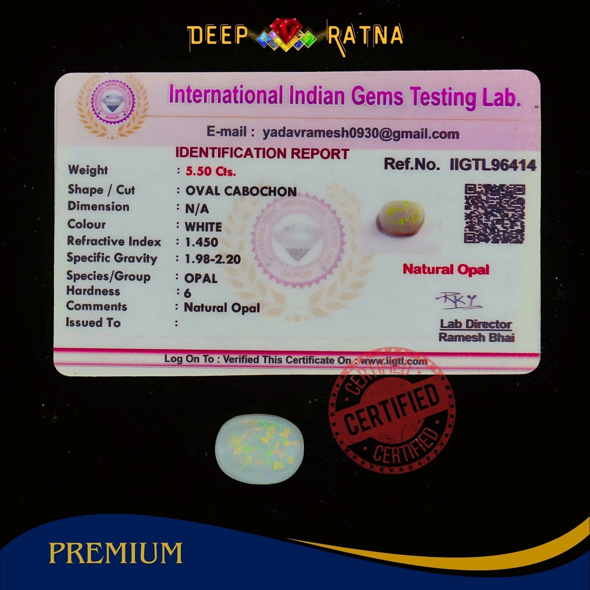 Single Fire Opal 5.50 Carat (Doublet) - Deep Ratna