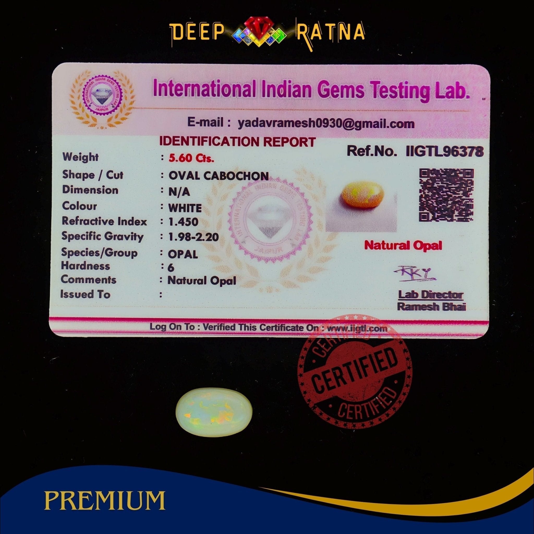 Single Fire Opal 5.60 Carat (Doublet) - Deep Ratna