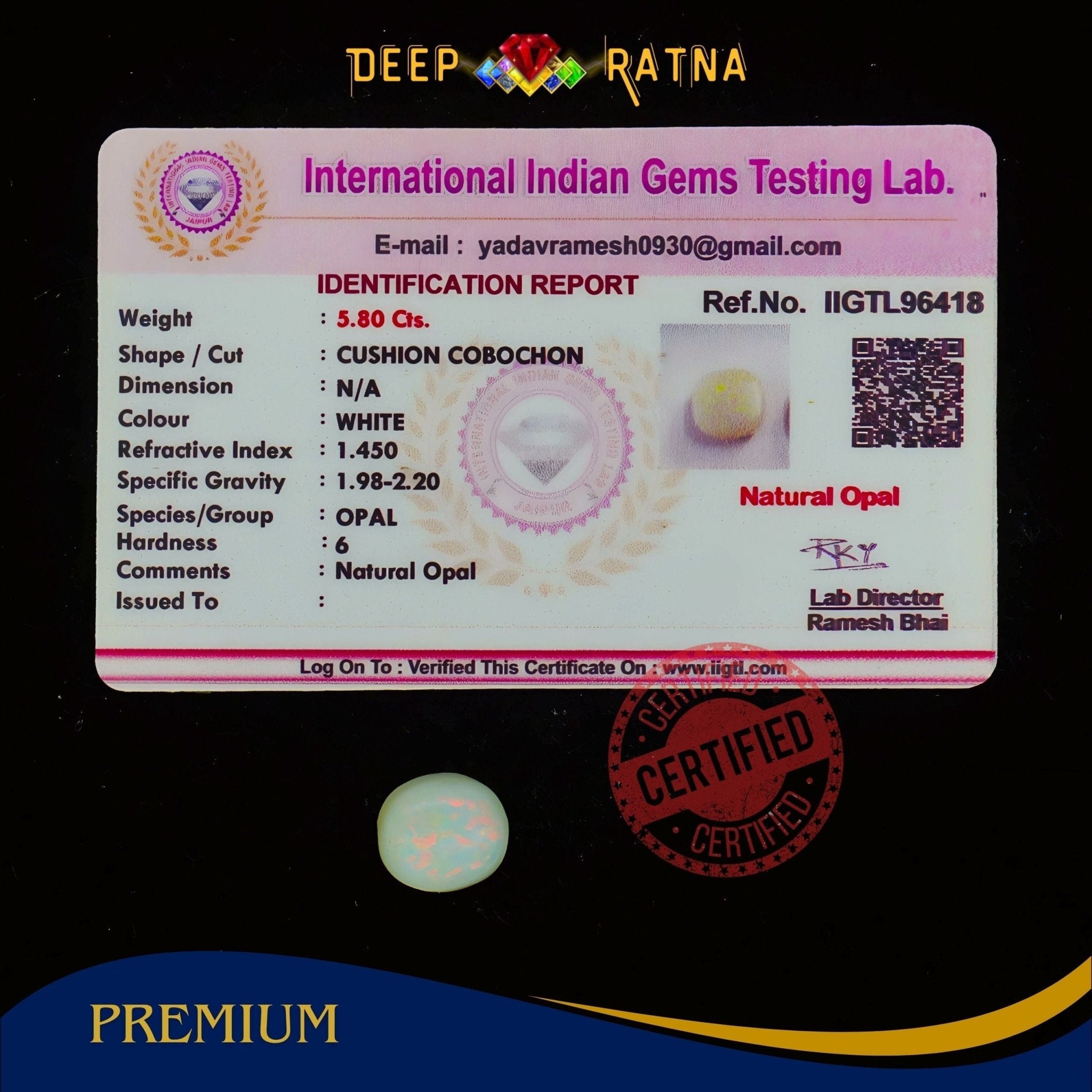 Single Fire Opal 5.80 Carat (Doublet) - Deep Ratna