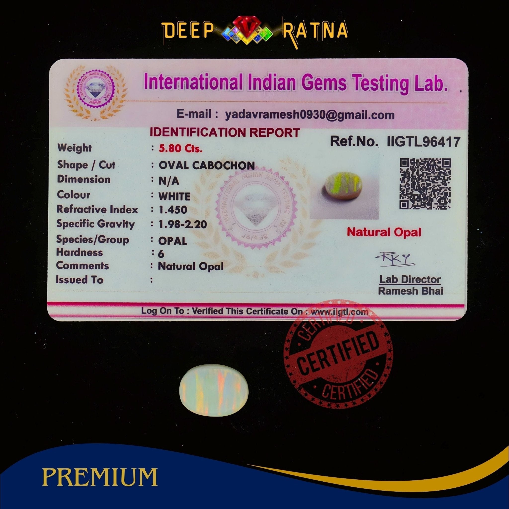 Single Fire Opal 5.80 Carat (Doublet) - Deep Ratna