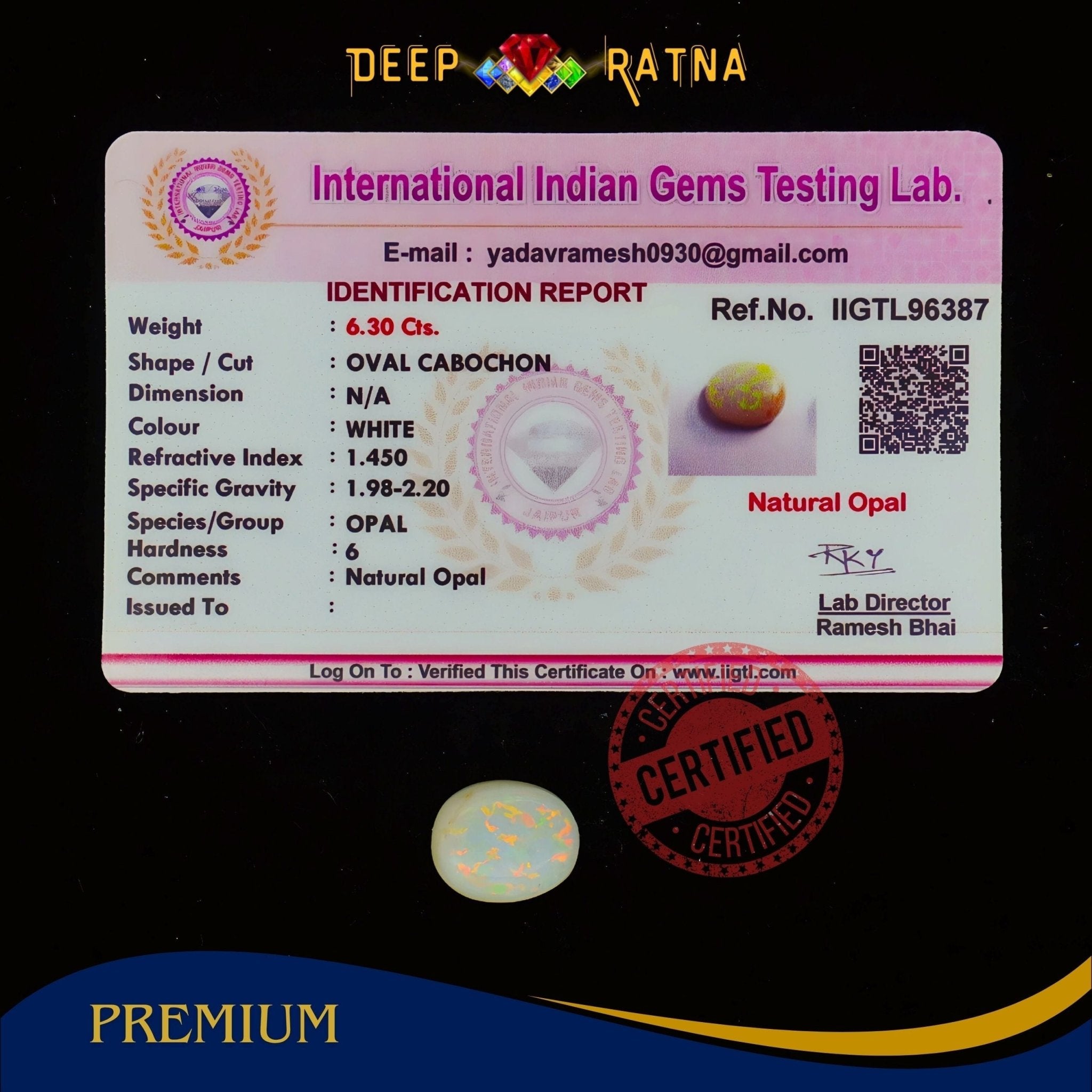 Single Fire Opal 6.30 Carat (Doublet) - Deep Ratna