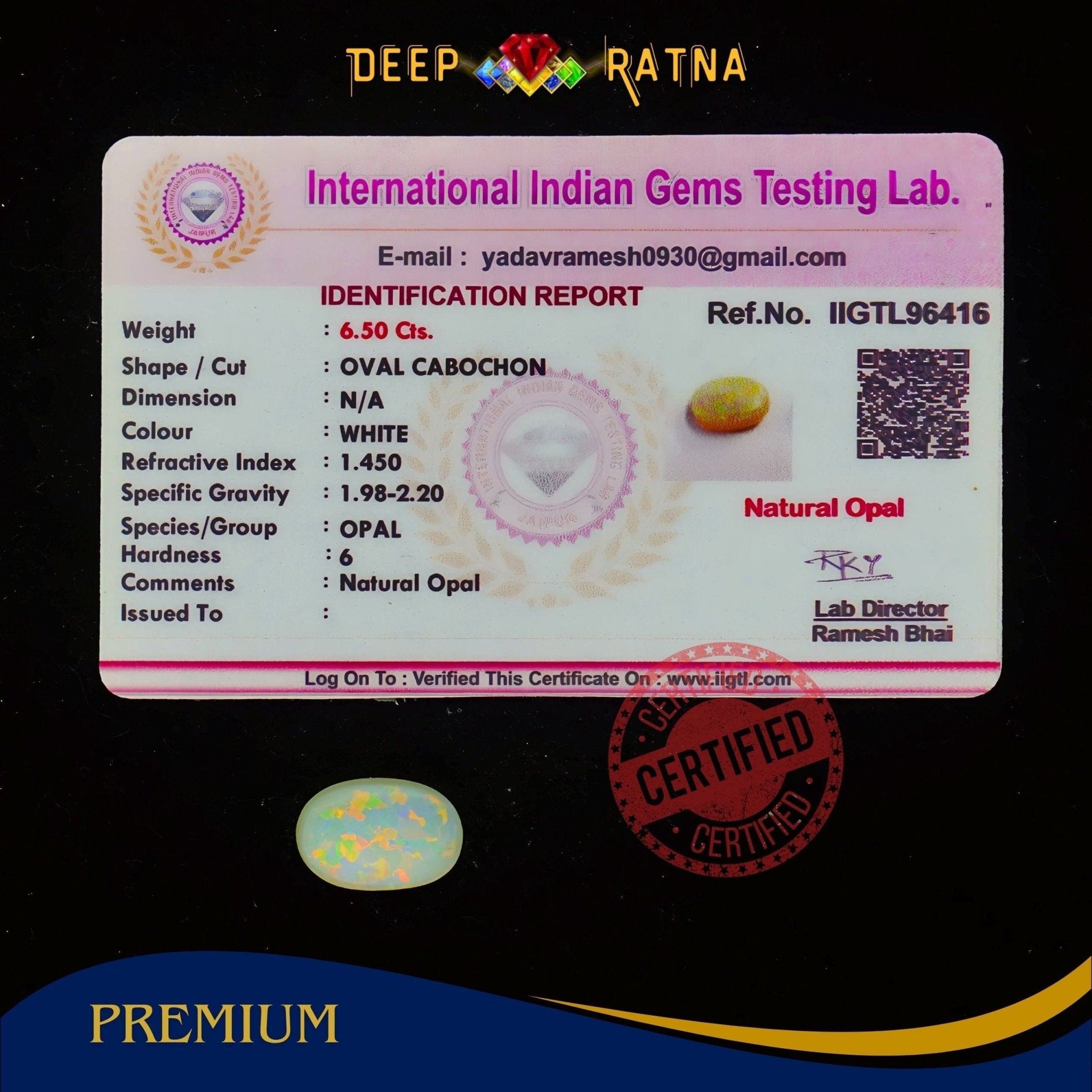 Single Fire Opal 6.50 Carat (Doublet) - Deep Ratna