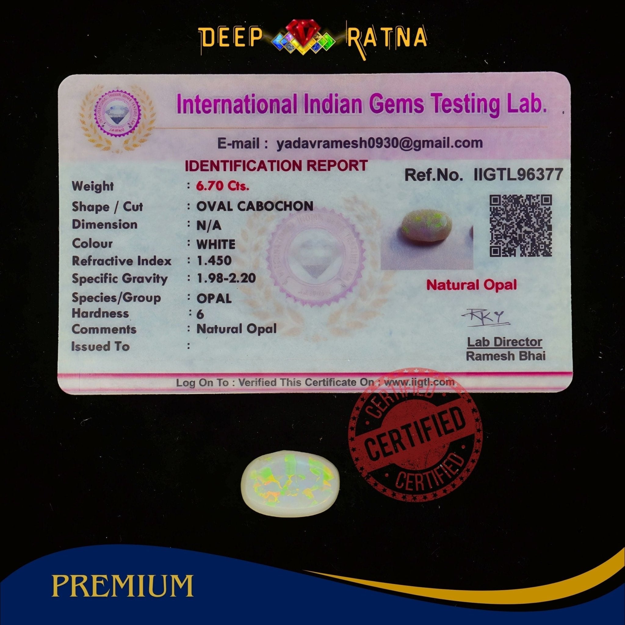 Single Fire Opal 6.70 Carat (Doublet) - Deep Ratna