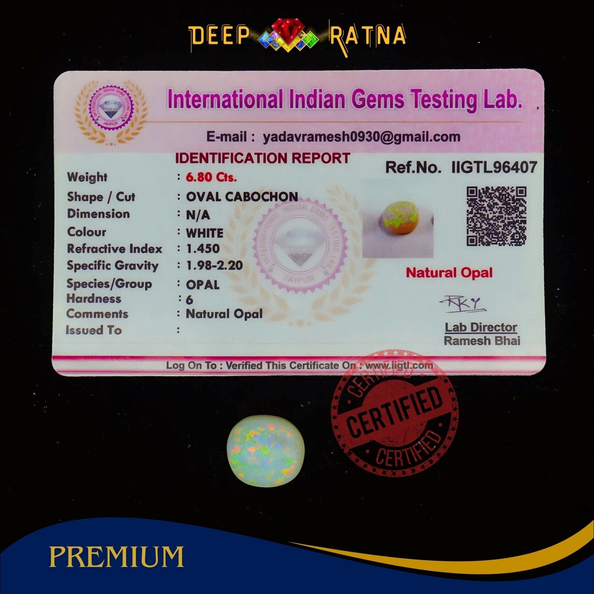 Single Fire Opal 6.80 Carat (Doublet) - Deep Ratna