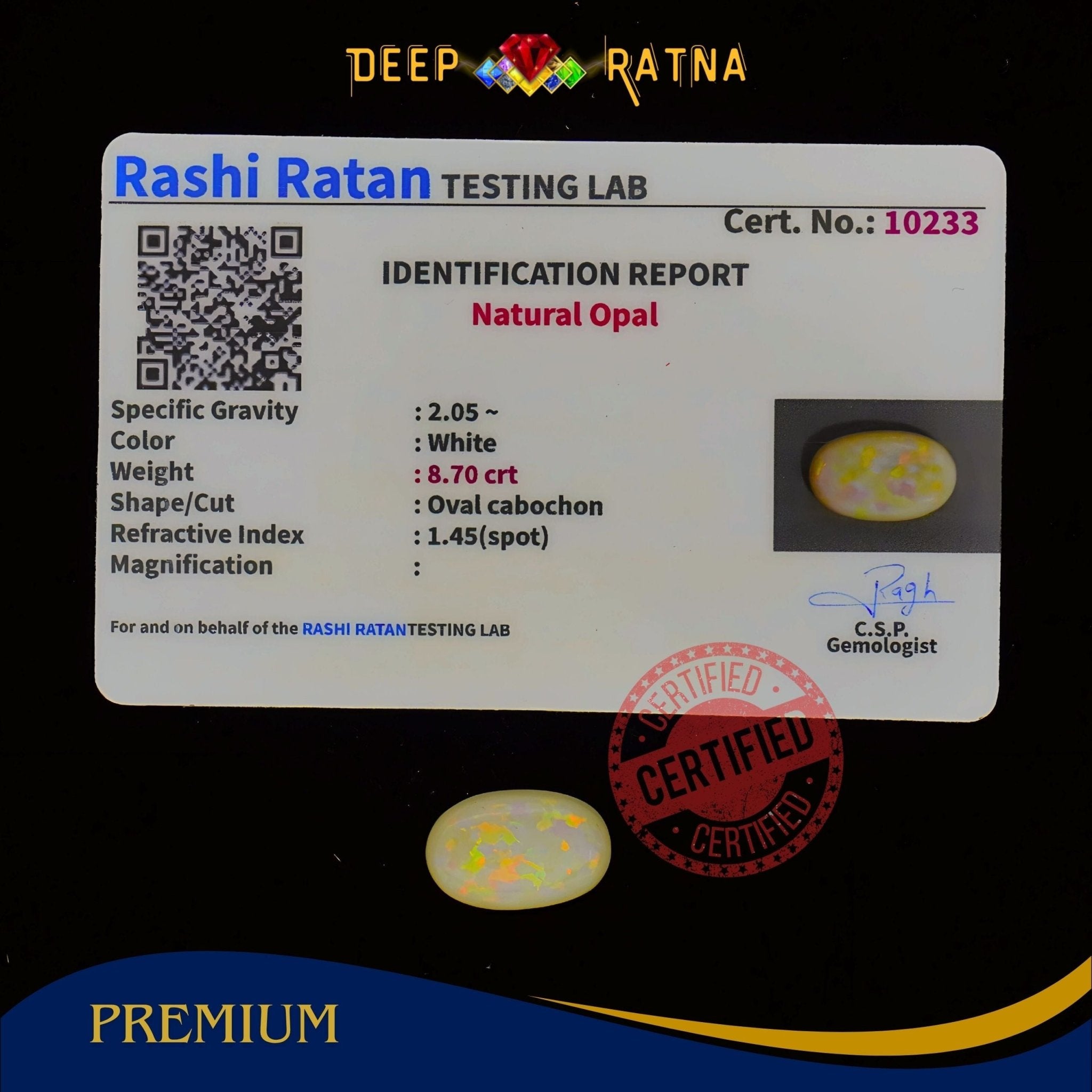 Single Fire Opal 8.70 Carat (Doublet) - Deep Ratna