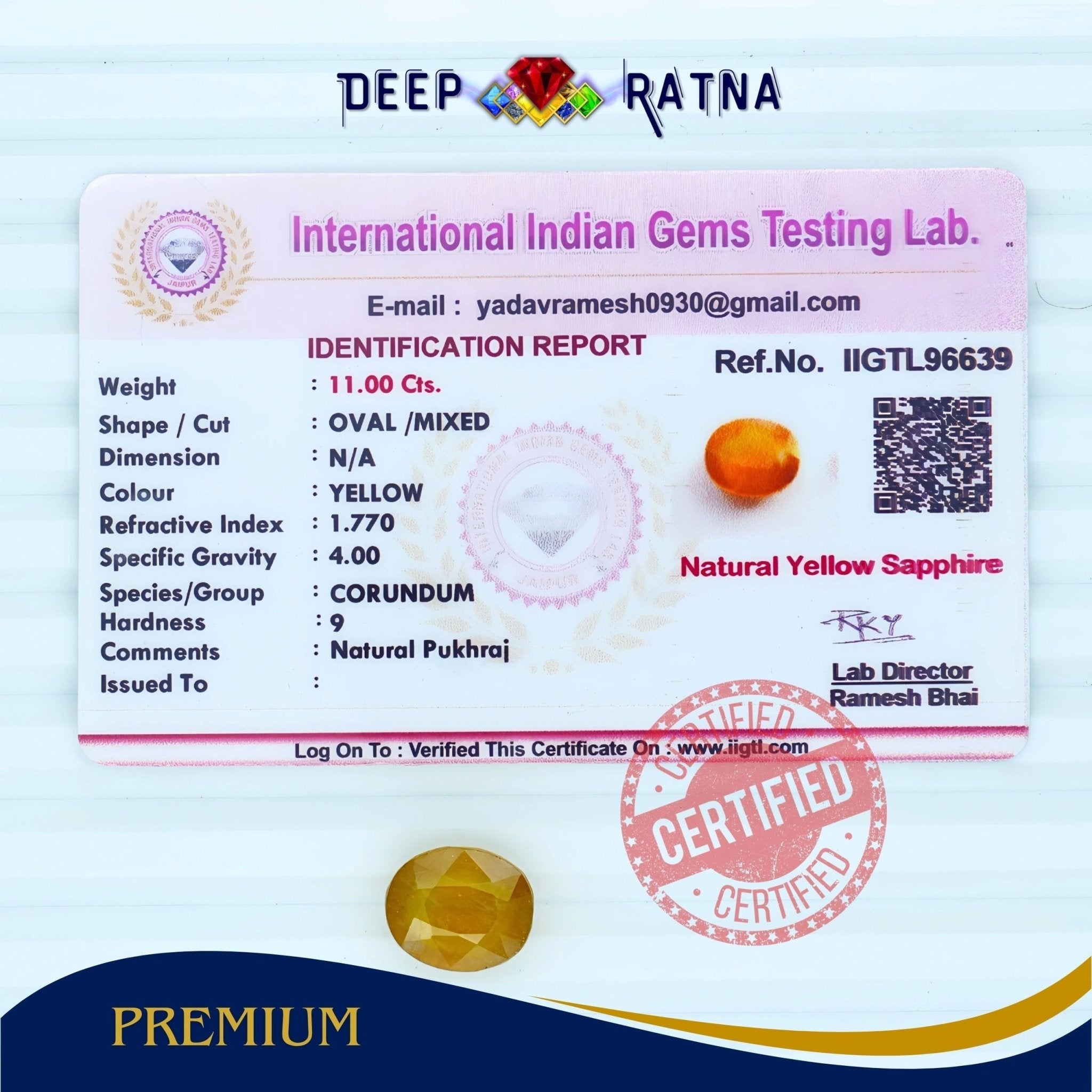 Yellow Sapphire 11.00 Carat (Thailand) - Deep Ratna