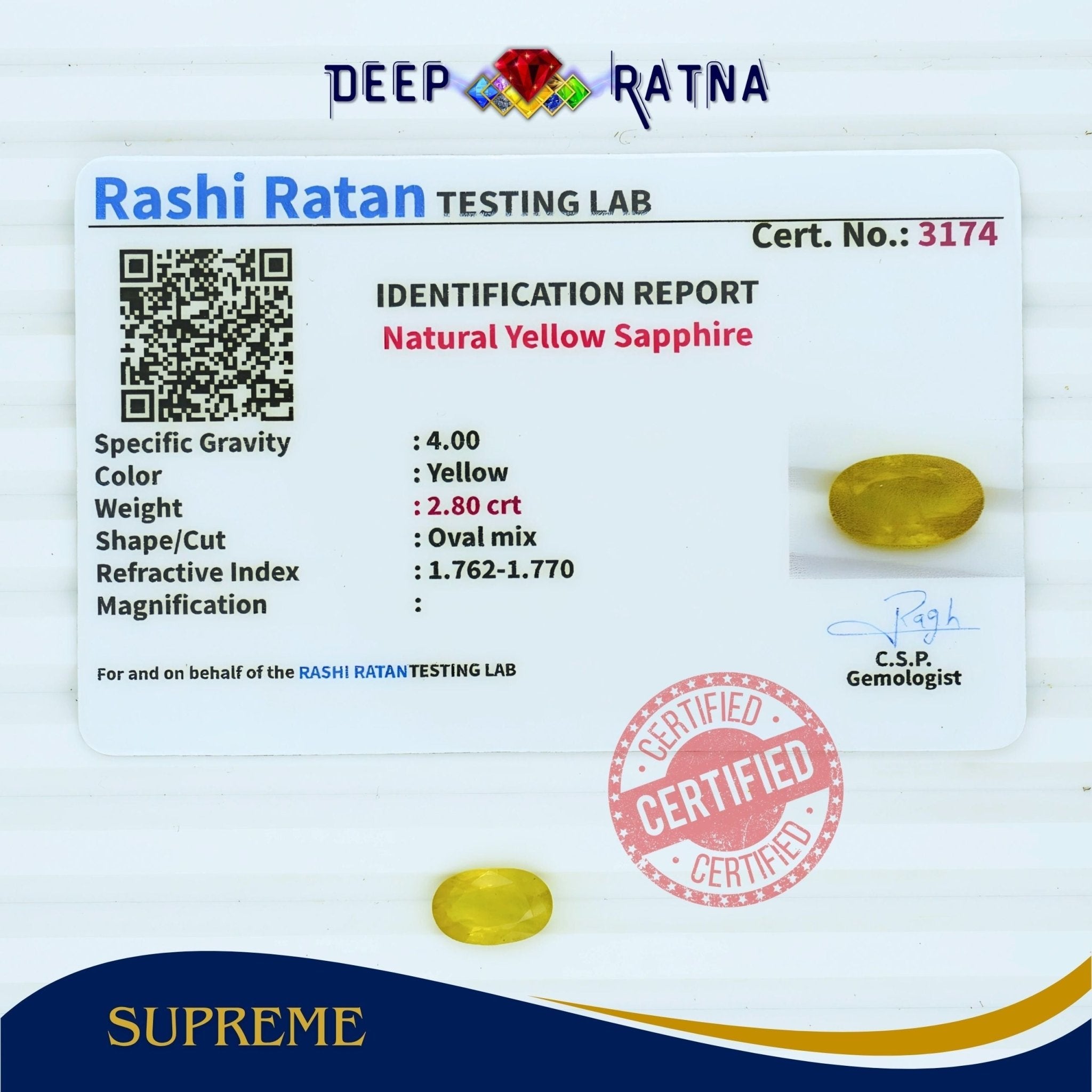 Yellow Sapphire 2.80 Carat (Thailand) - Deep Ratna