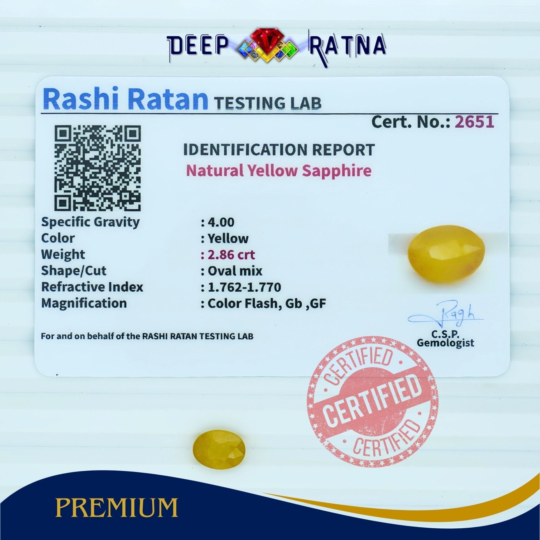 Yellow Sapphire 2.86 Carat (Thailand) - Deep Ratna