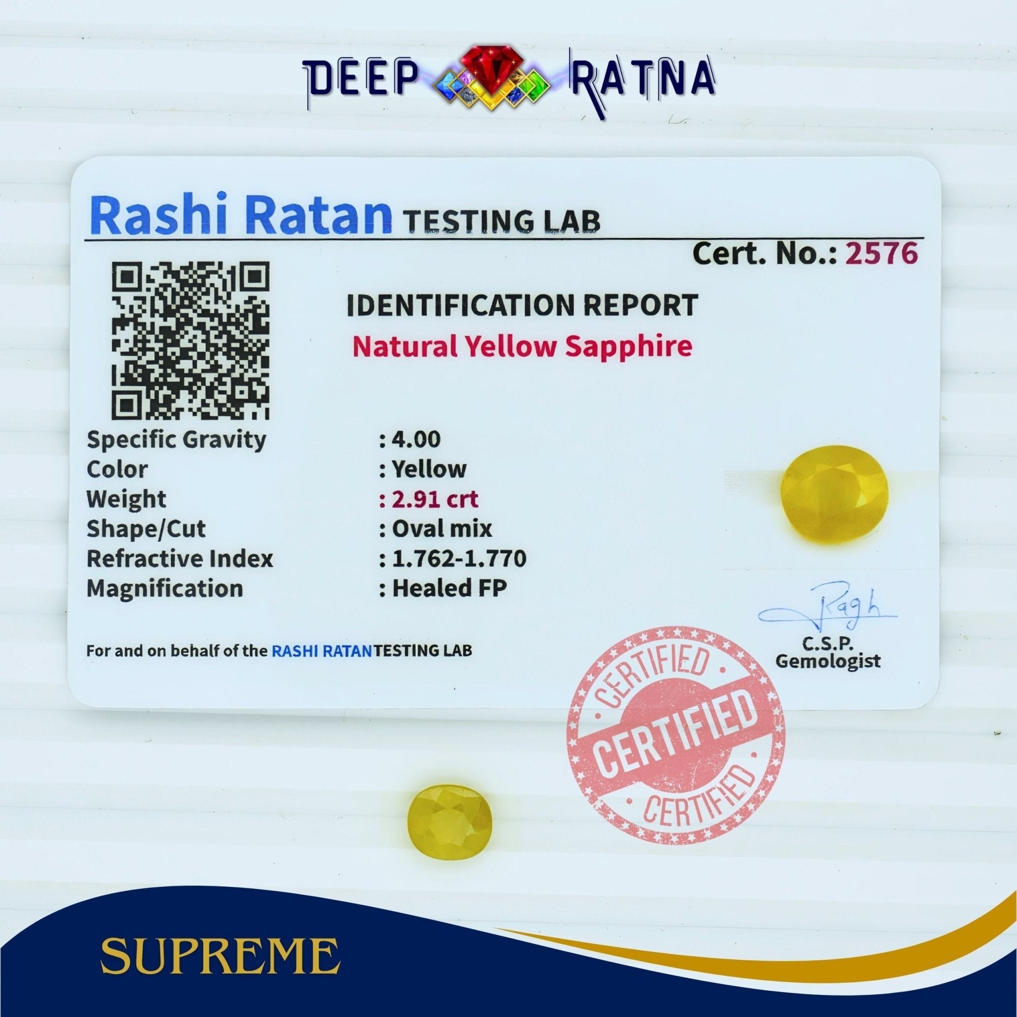 Yellow Sapphire 2.91 Carat (Thailand) - Deep Ratna