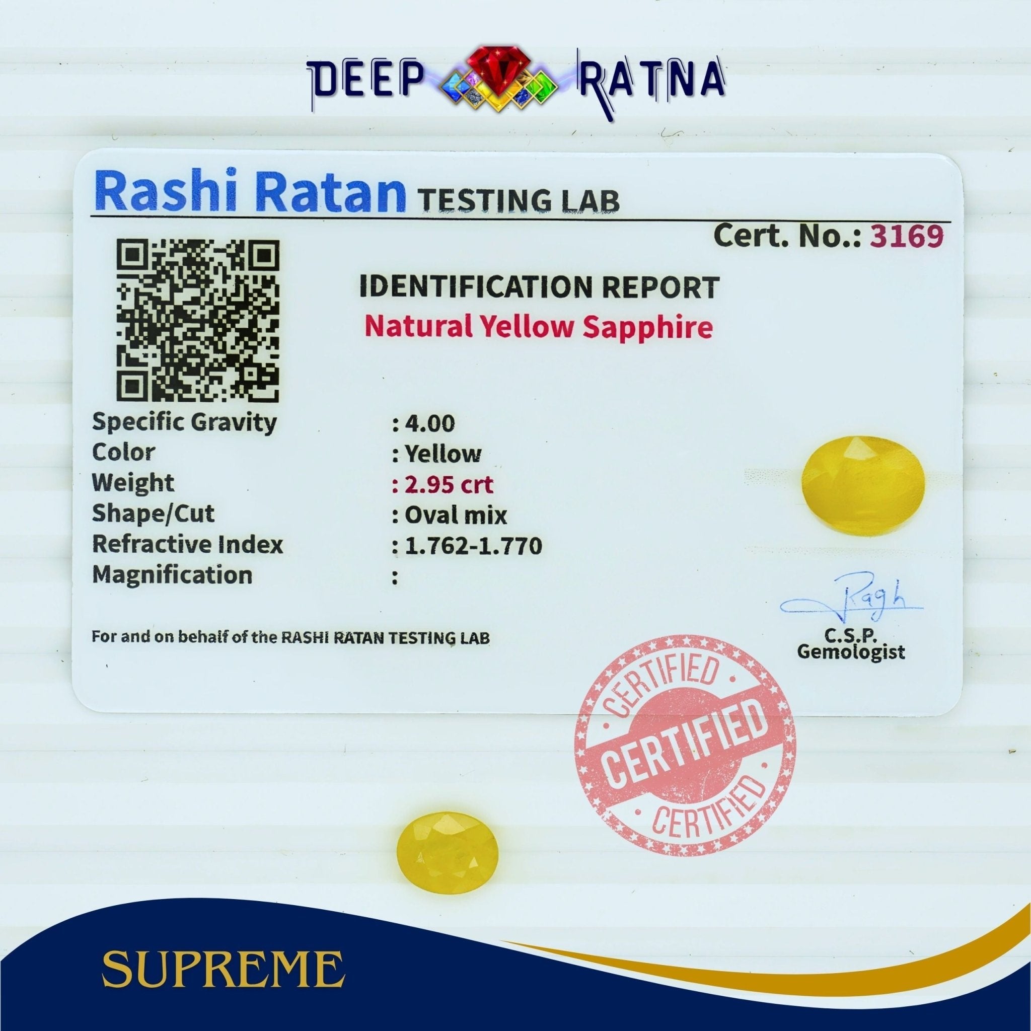 Yellow Sapphire 2.95 Carat (Thailand) - Deep Ratna