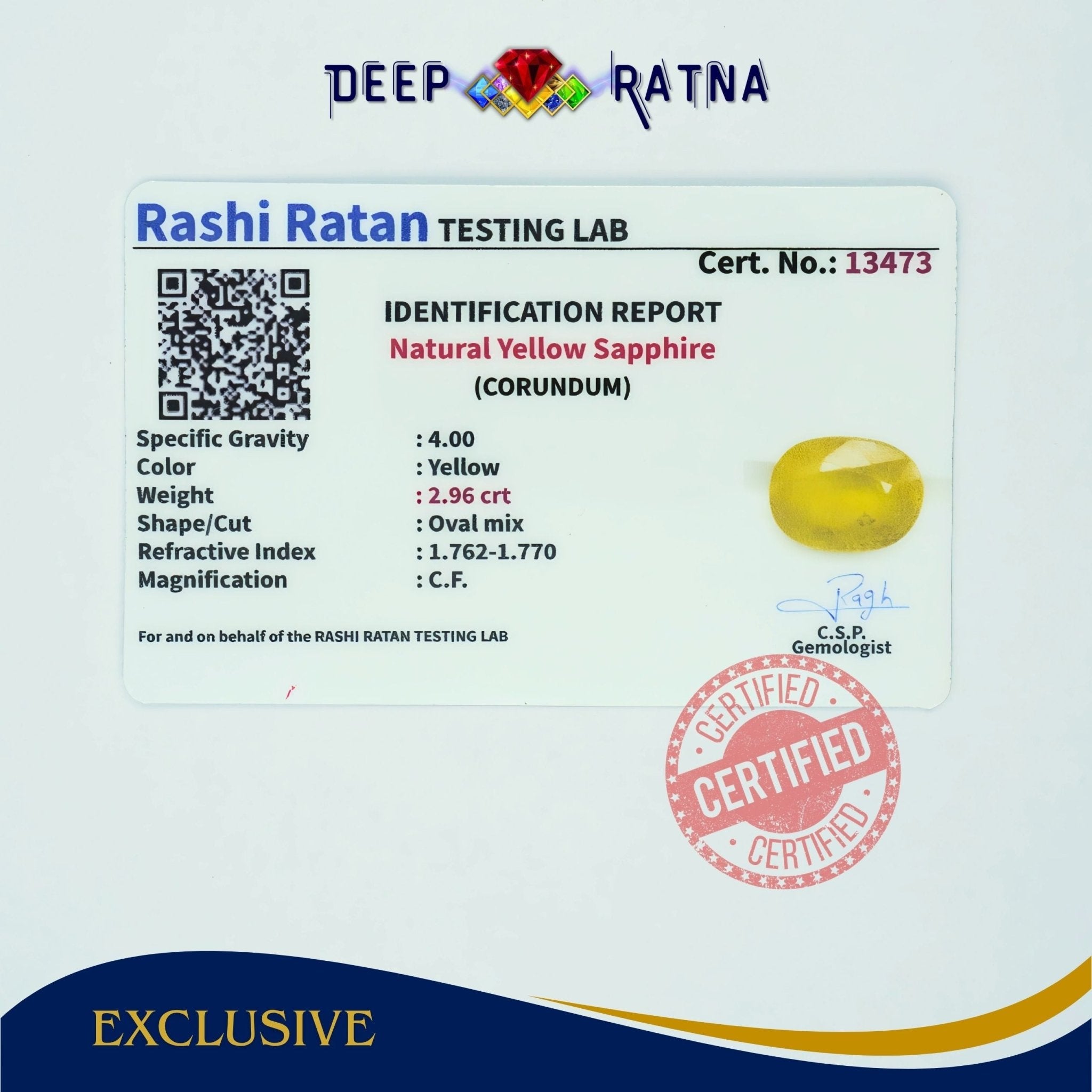 Yellow Sapphire 2.96 Carat (Thailand) - Deep Ratna