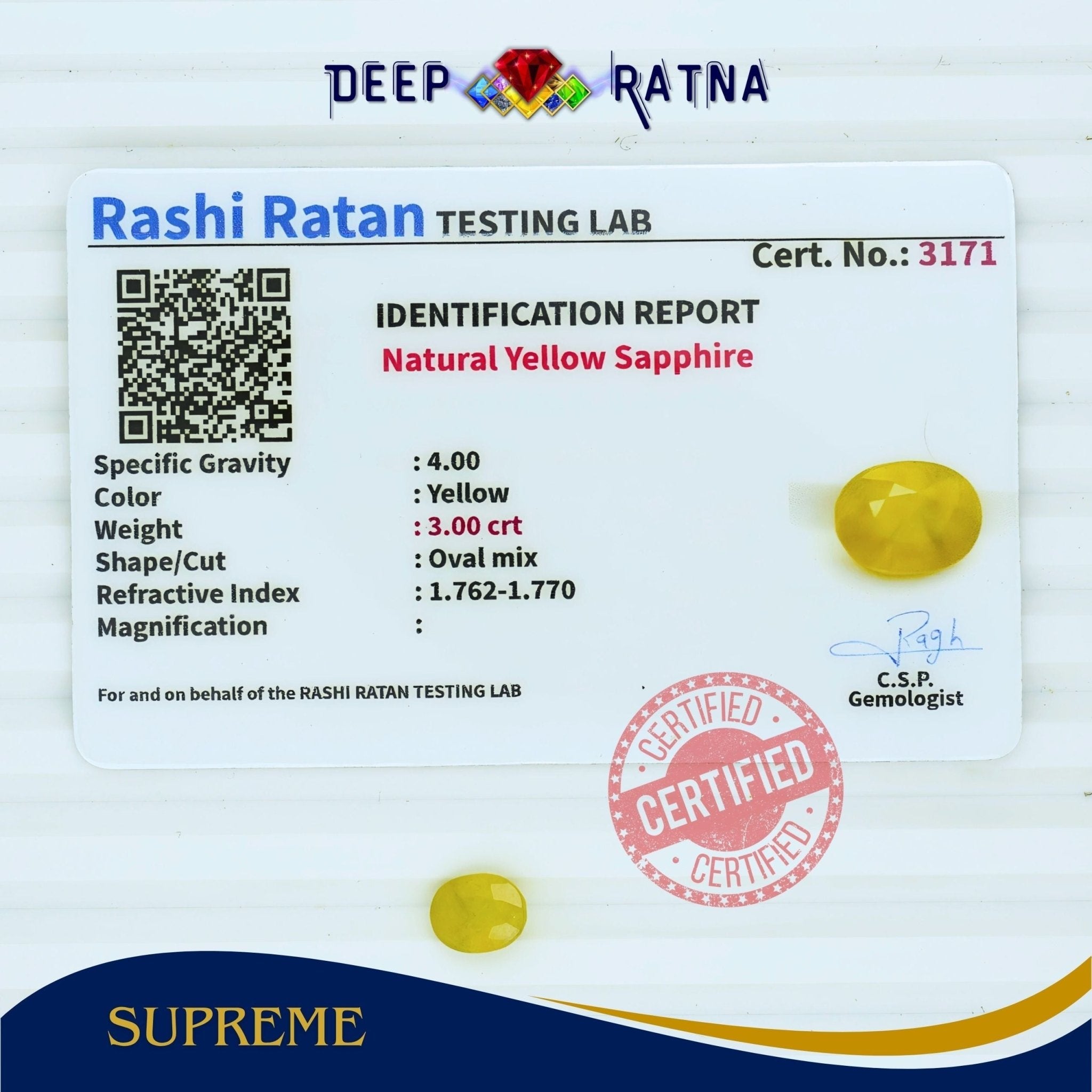 Yellow Sapphire 3 Carat (Thailand) - Deep Ratna