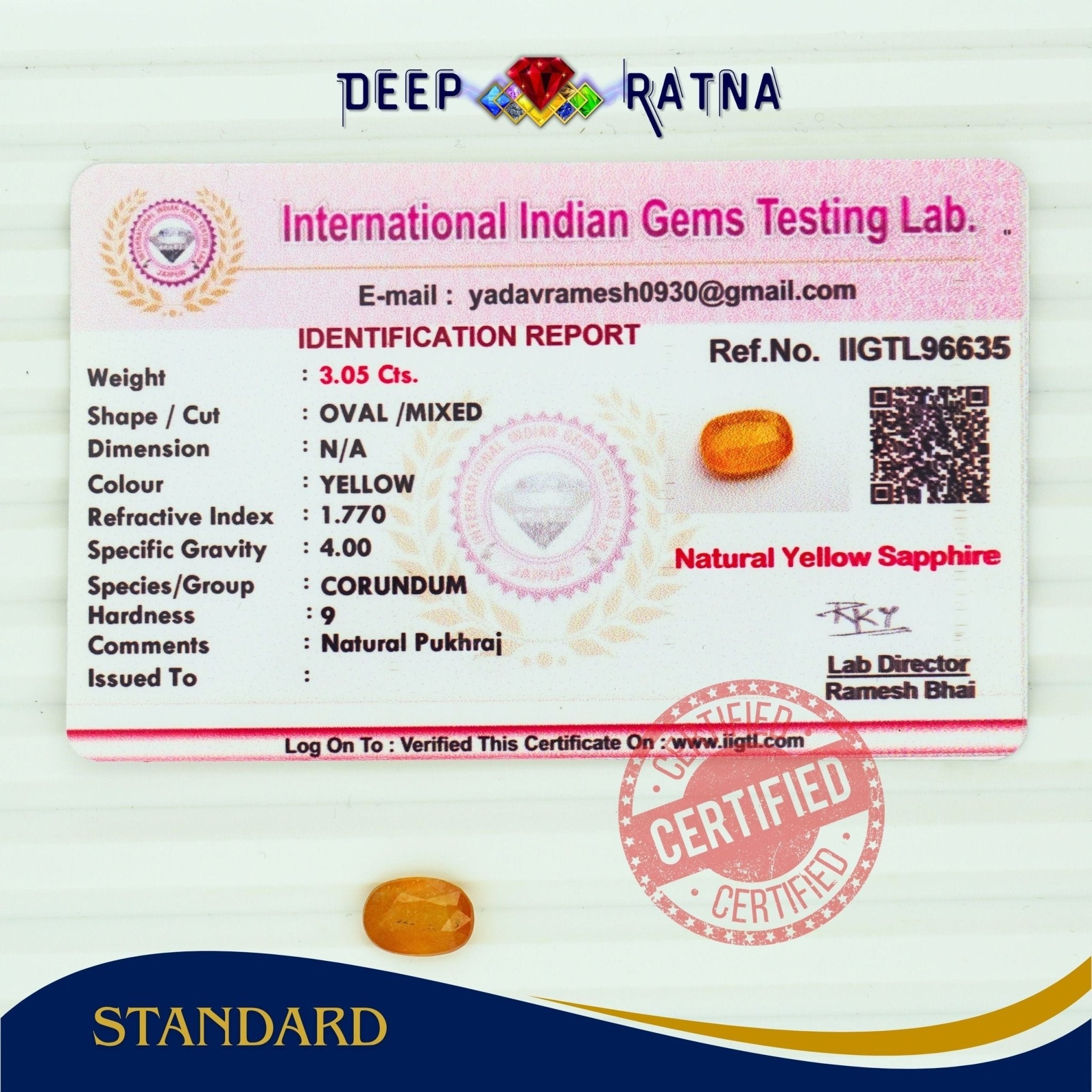 Yellow Sapphire 3.05 Carat (Thailand) - Deep Ratna
