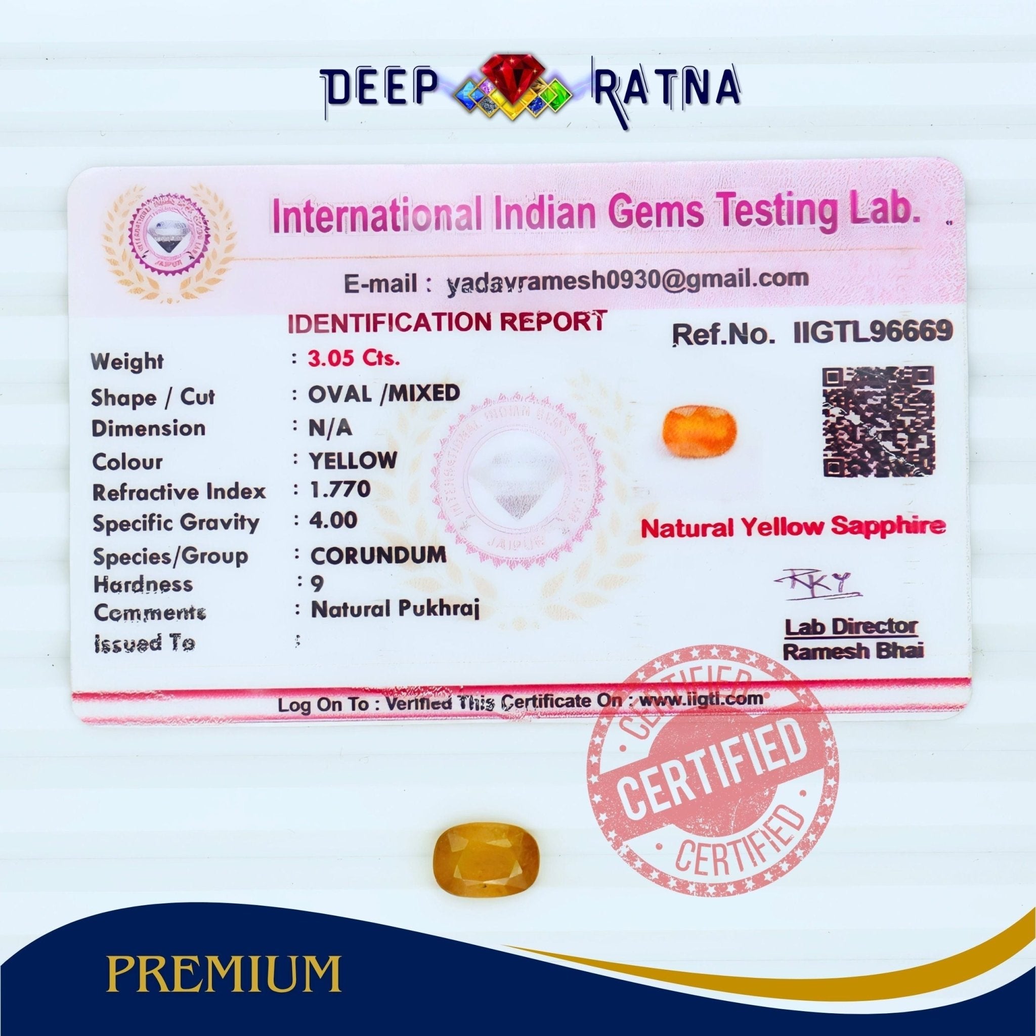 Yellow Sapphire 3.05 Carat (Thailand) - Deep Ratna