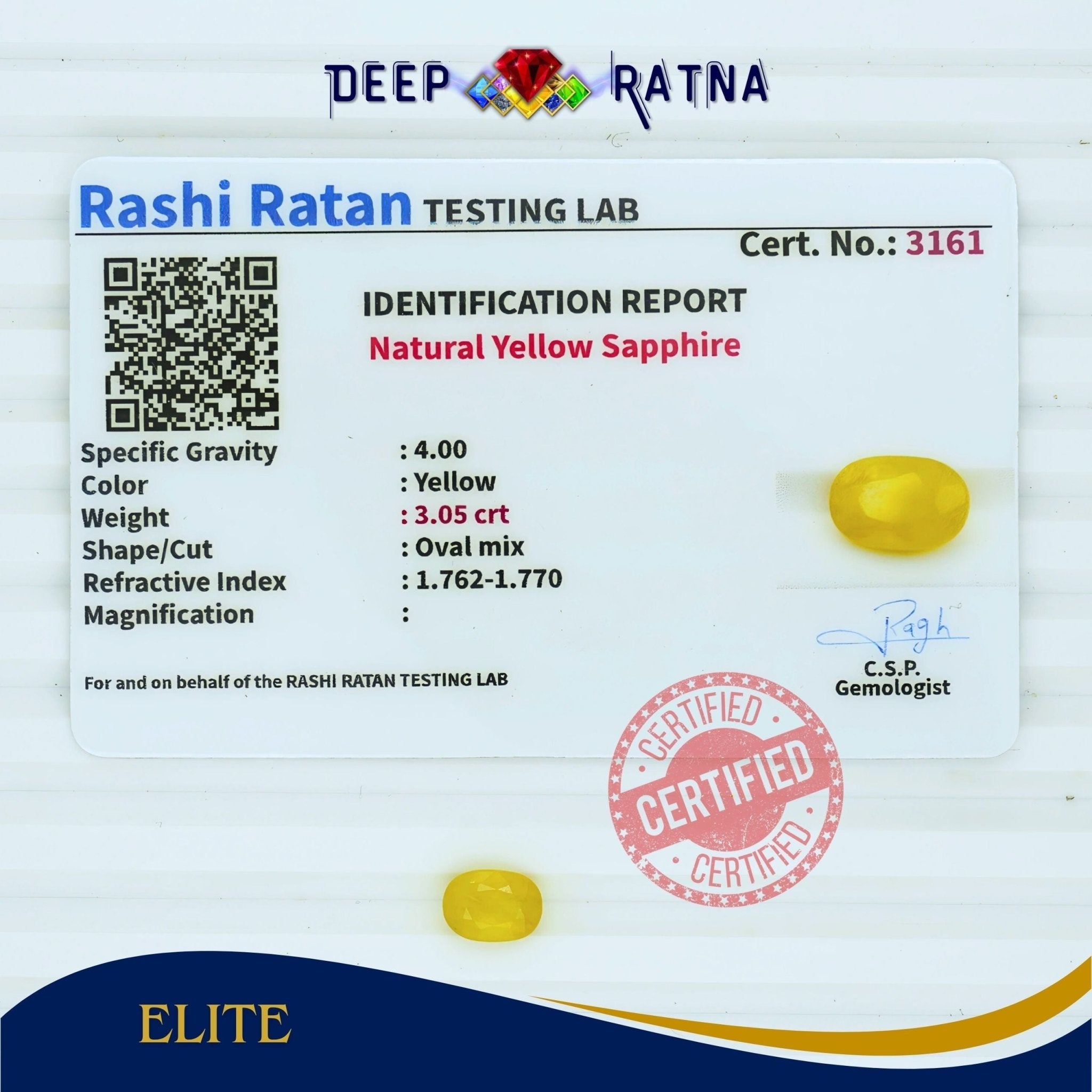 Yellow Sapphire 3.05 Carat (Thailand) - Deep Ratna