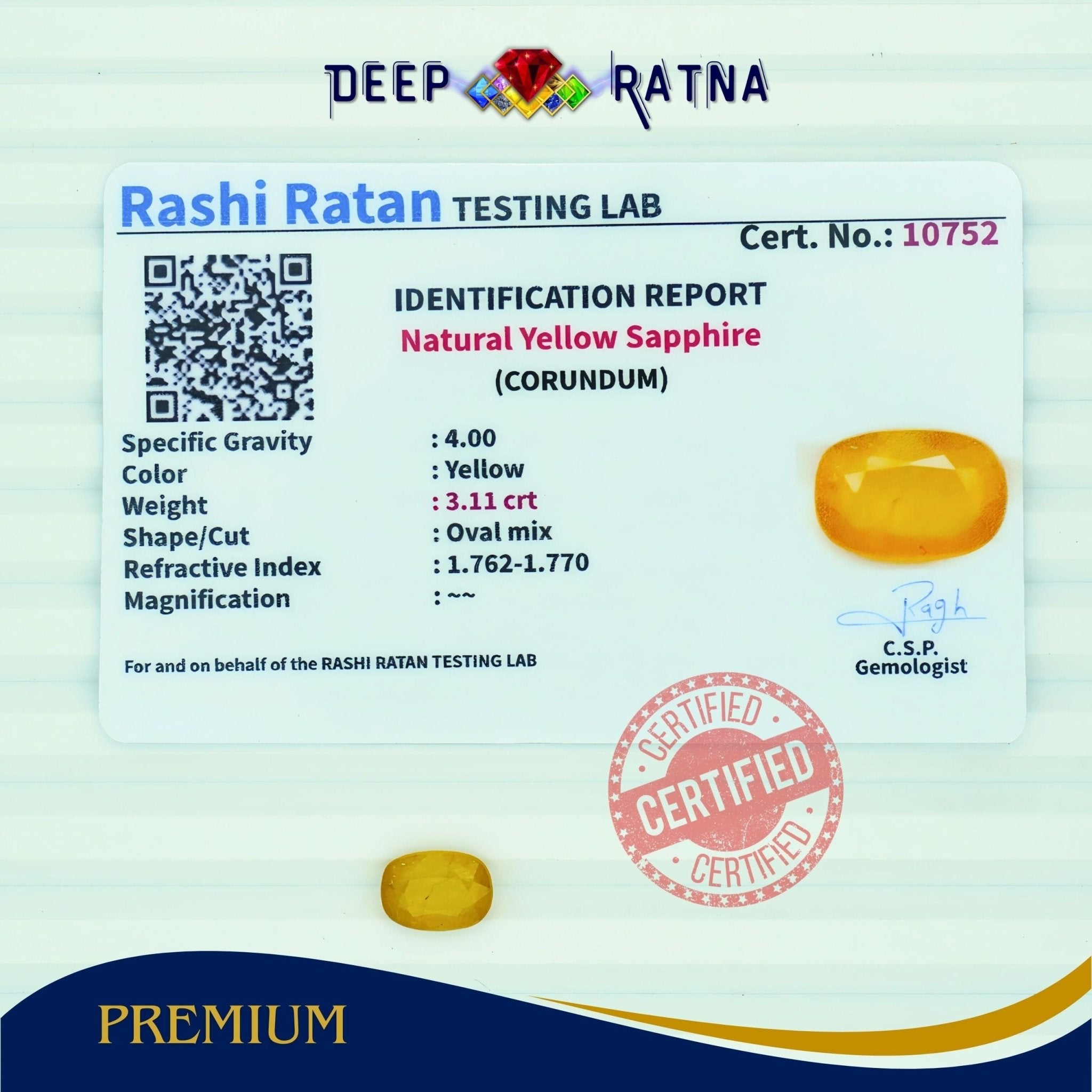 Yellow Sapphire 3.11 Carat (Thailand) - Deep Ratna