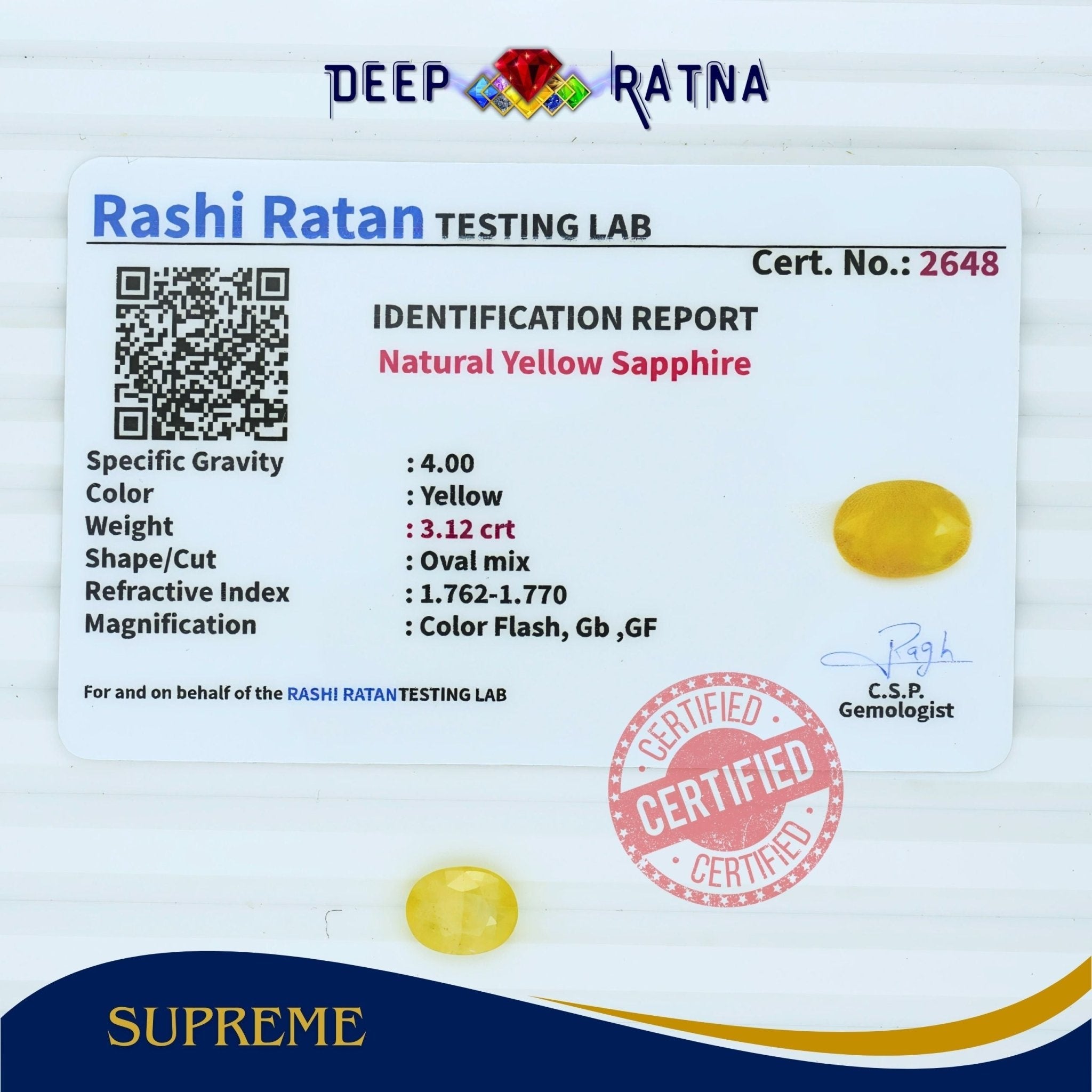 Yellow Sapphire 3.12 Carat (Thailand) - Deep Ratna
