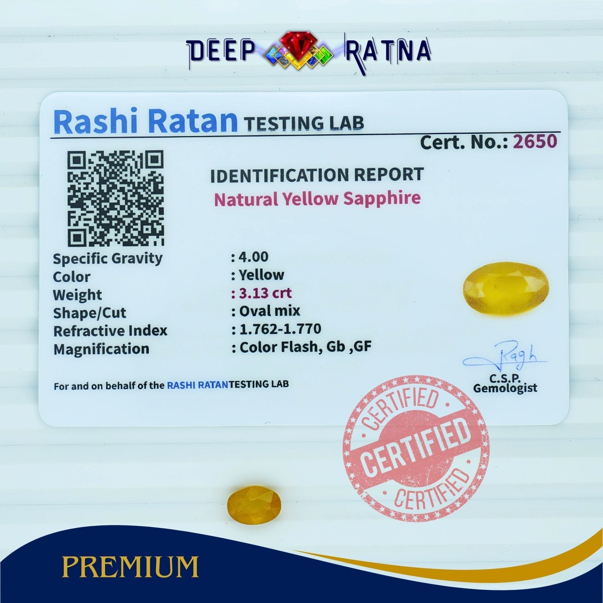 Yellow Sapphire 3.13 Carat (Thailand) - Deep Ratna