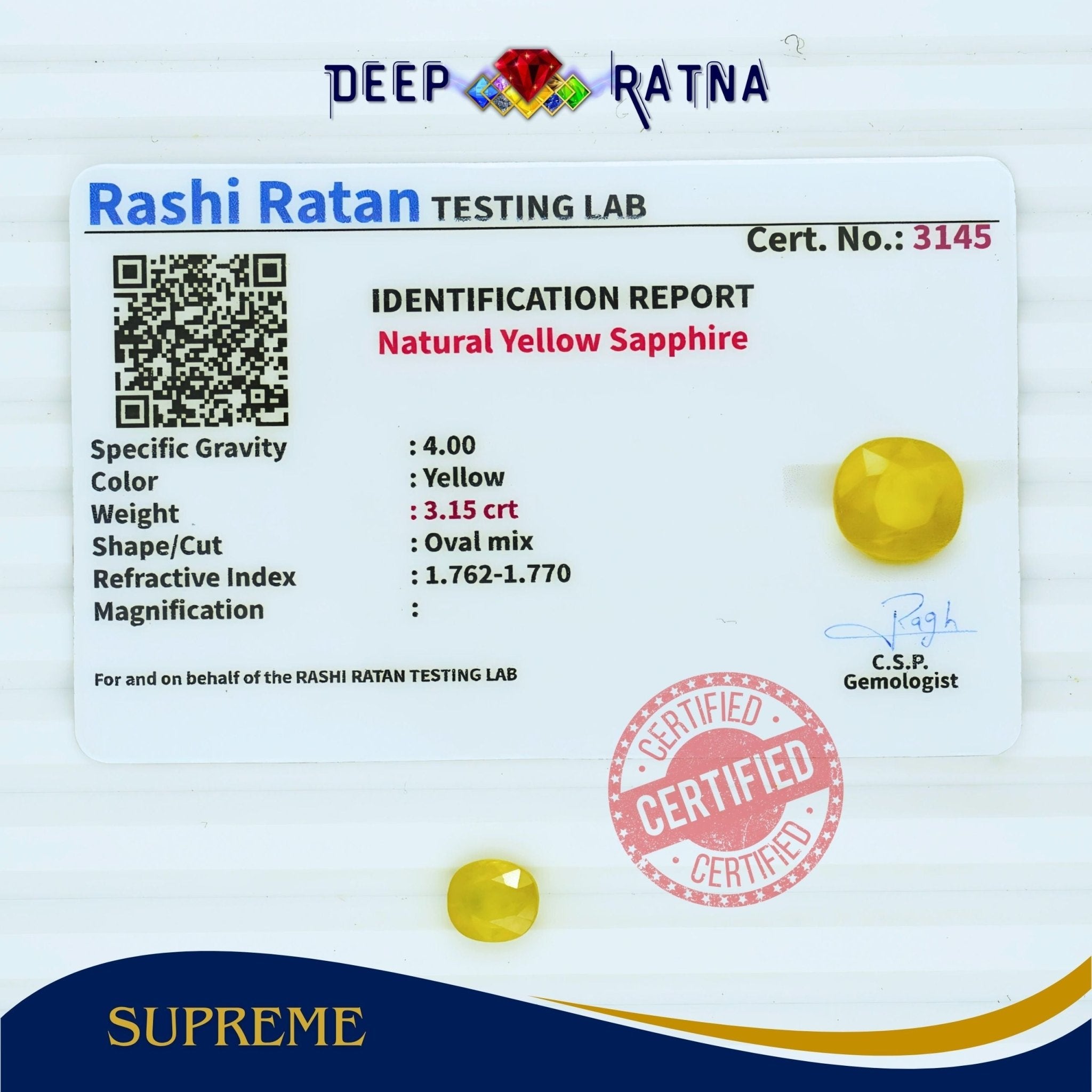 Yellow Sapphire 3.15 Carat (Thailand) - Deep Ratna