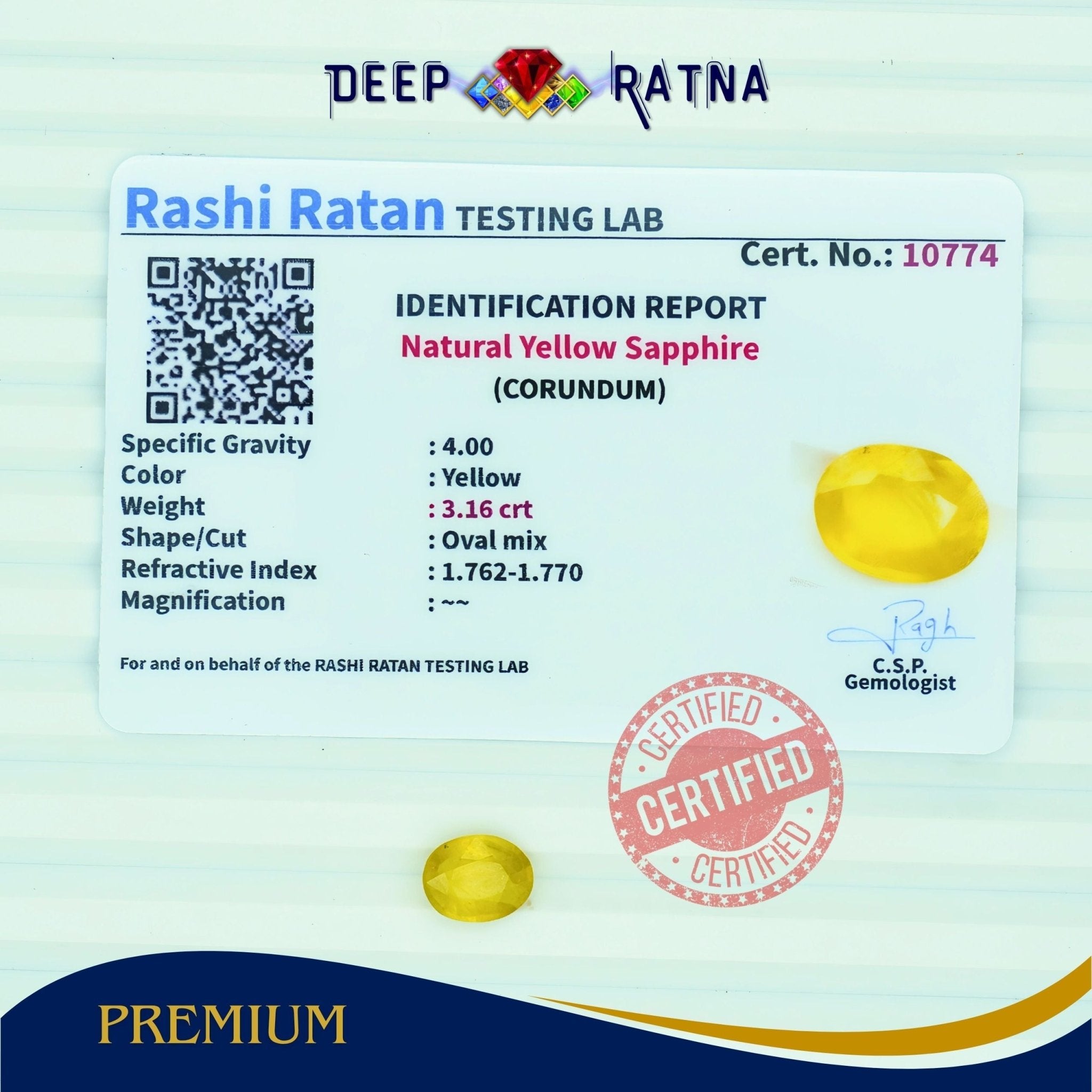 Yellow Sapphire 3.16 Carat (Thailand) - Deep Ratna