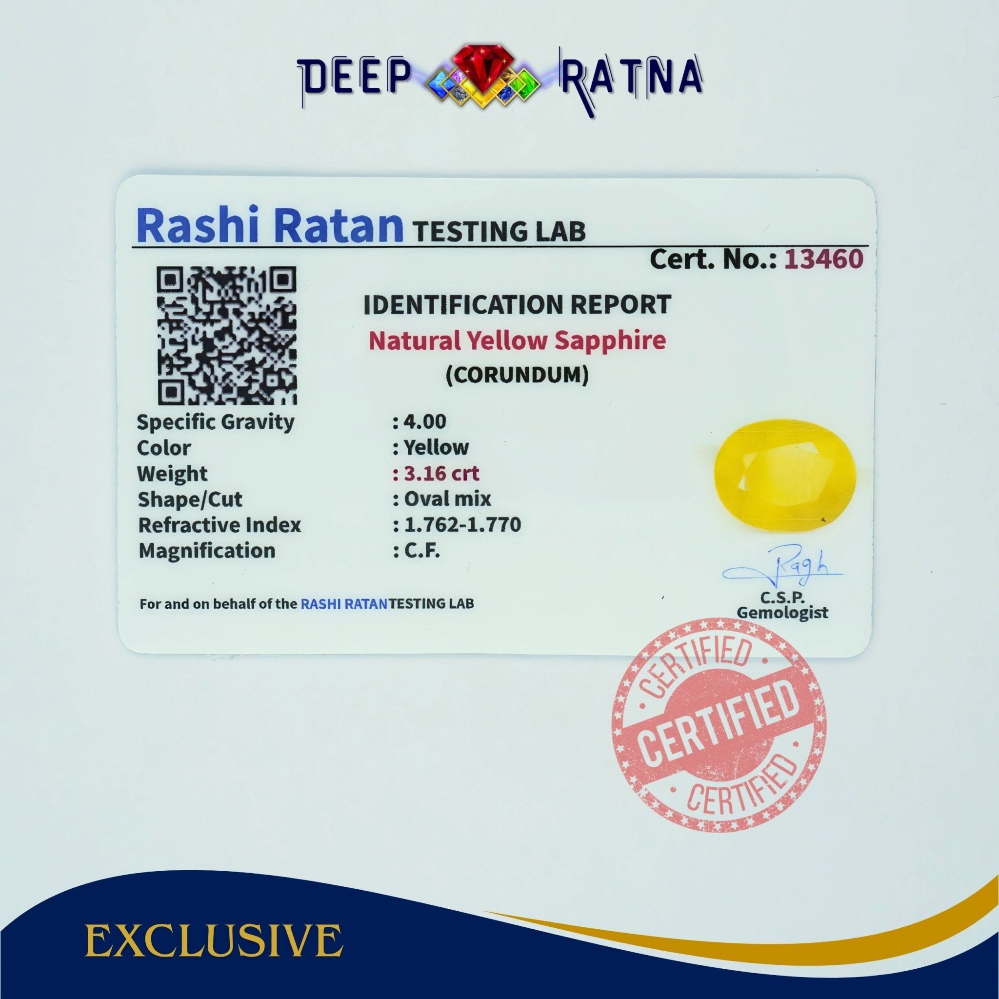 Yellow Sapphire 3.16 Carat (Thailand) - Deep Ratna