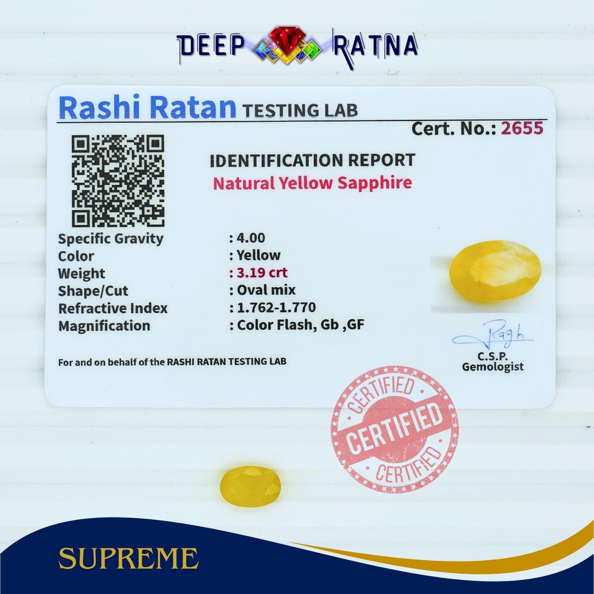 Yellow Sapphire 3.19 Carat (Thailand) - Deep Ratna