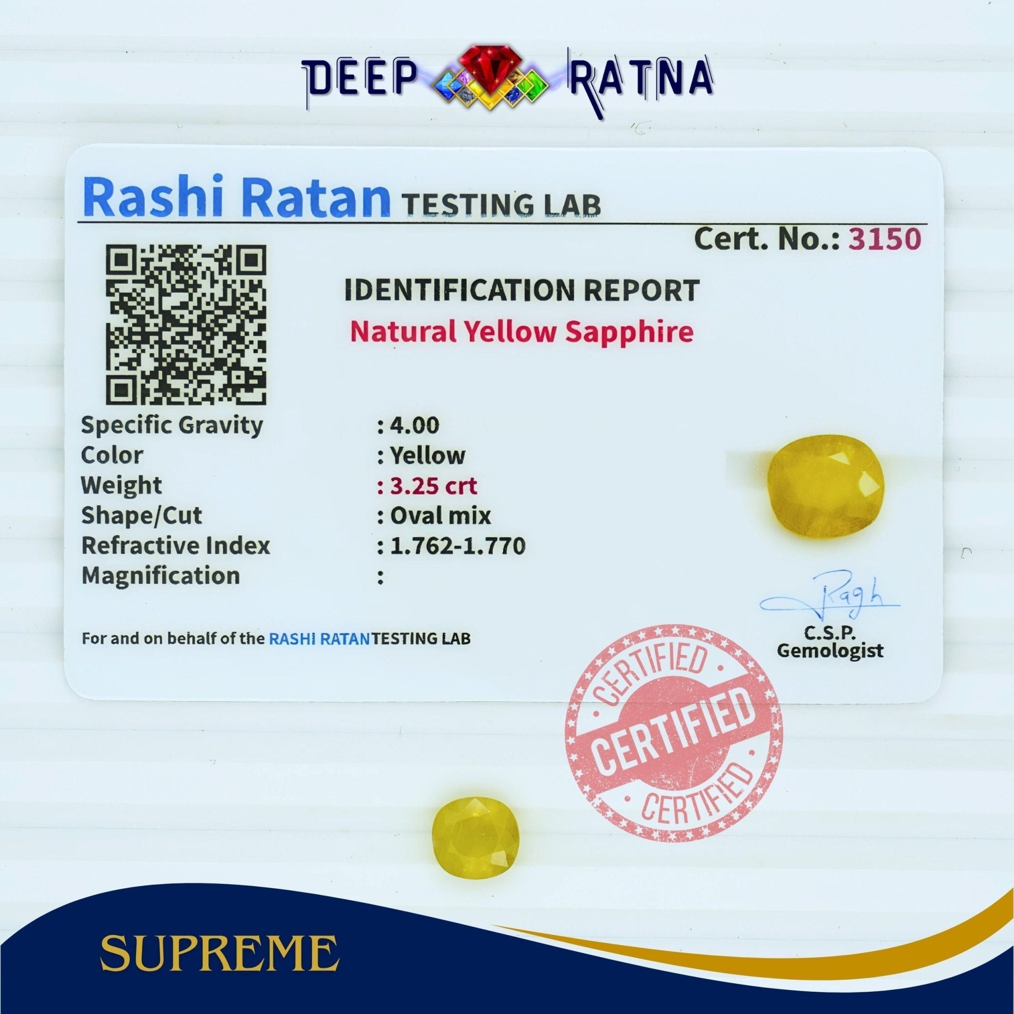 Yellow Sapphire 3.25 Carat (Thailand) - Deep Ratna