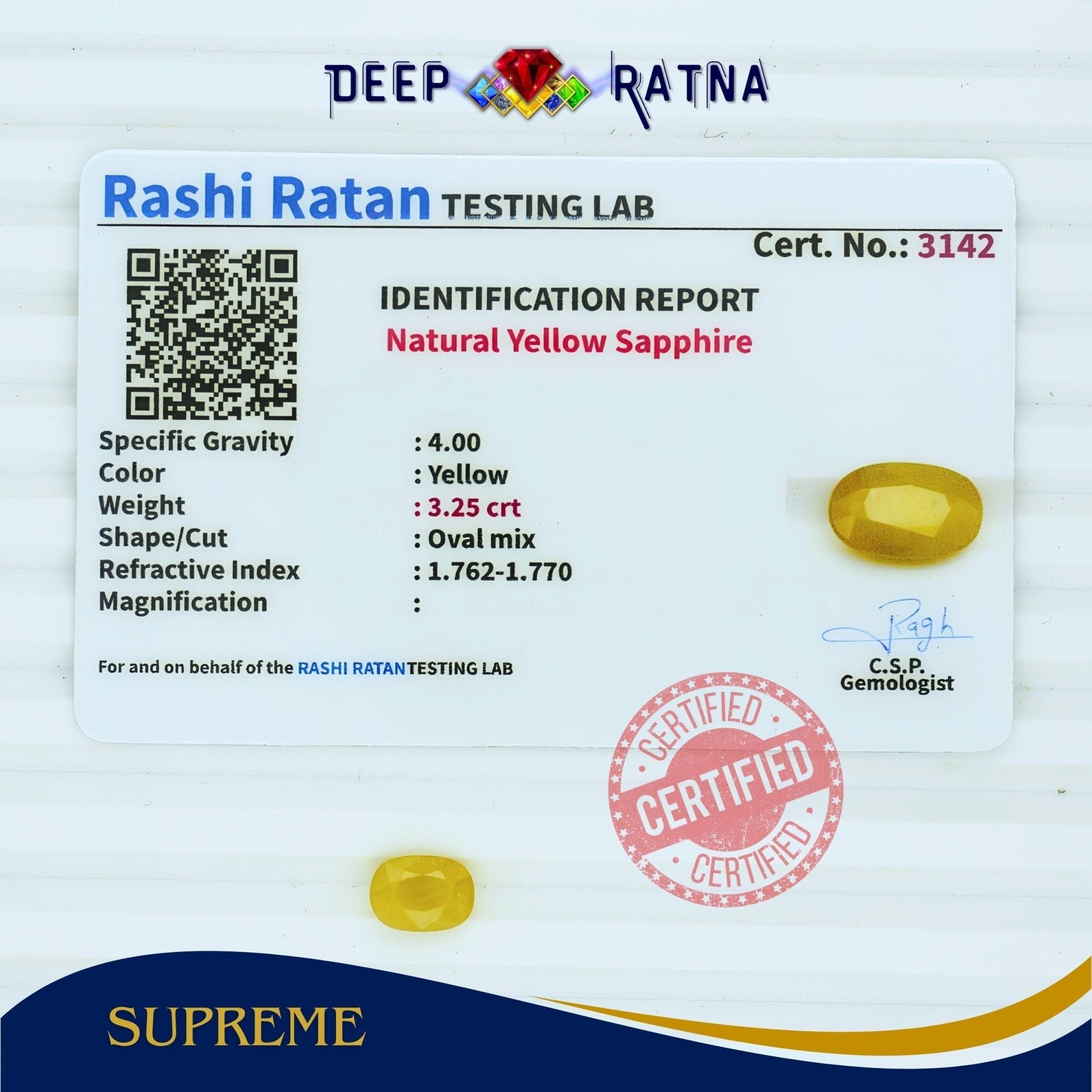 Yellow Sapphire 3.25 Carat (Thailand) - Deep Ratna