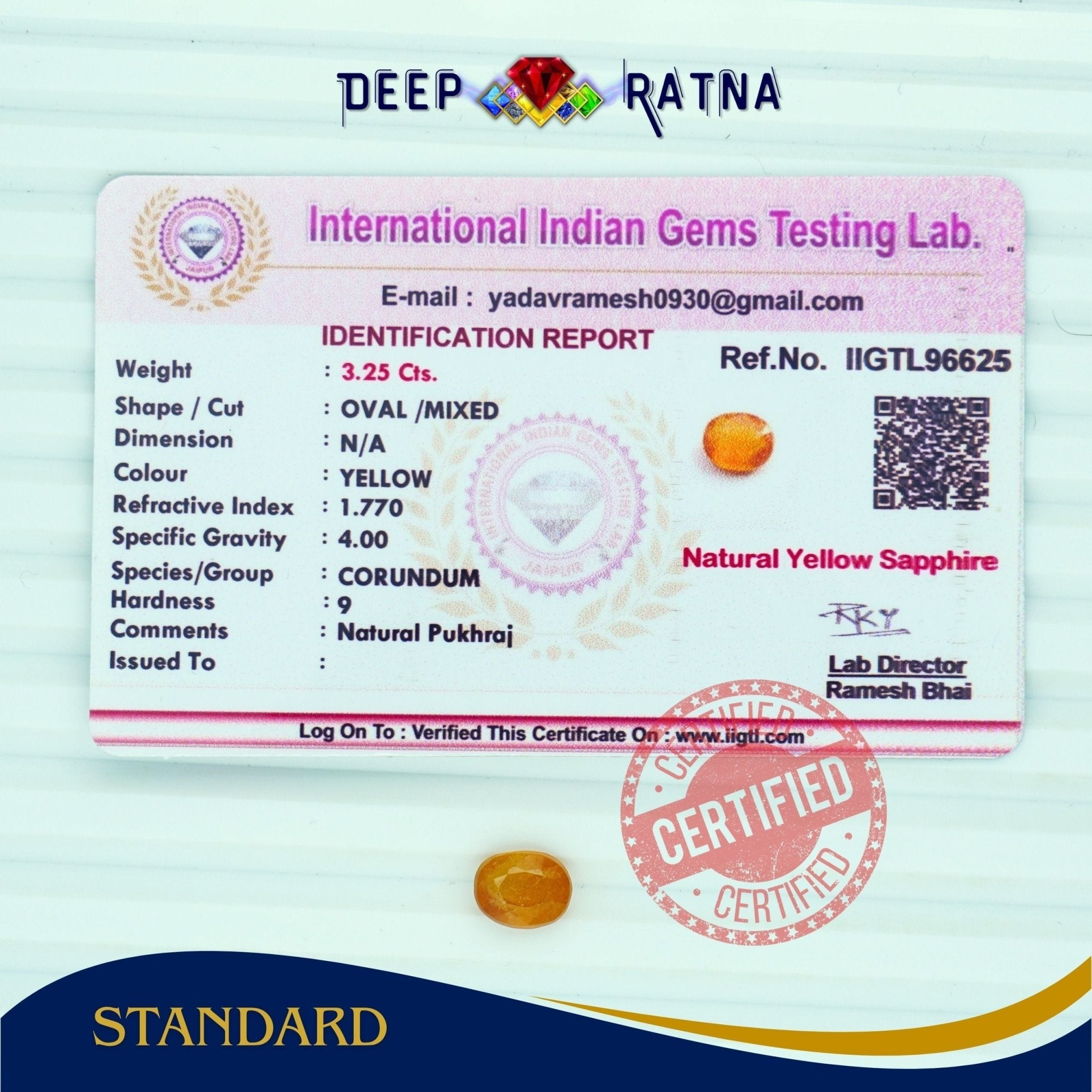 Yellow Sapphire 3.25 Carat (Thailand) - Deep Ratna