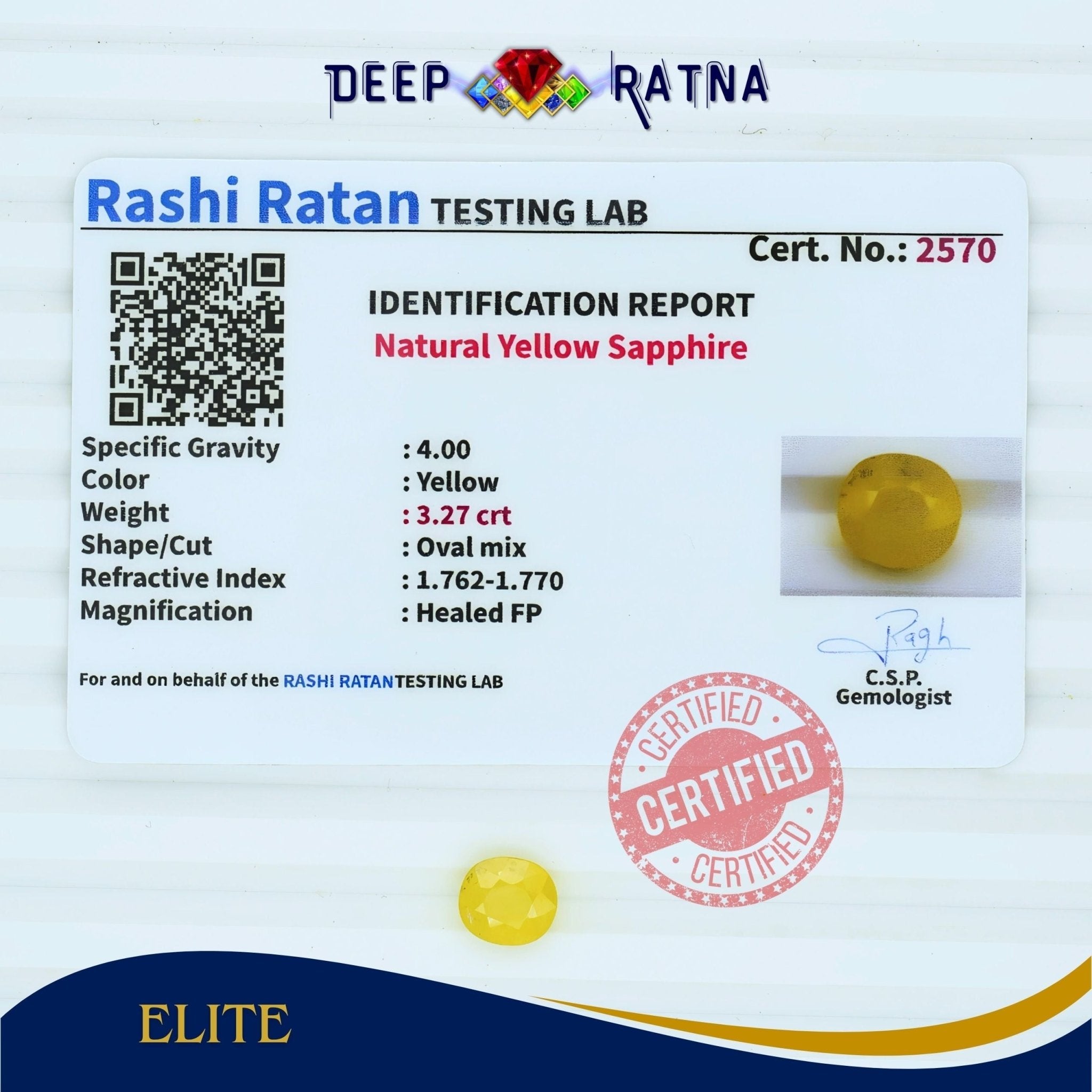 Yellow Sapphire 3.27 Carat (Thailand) - Deep Ratna